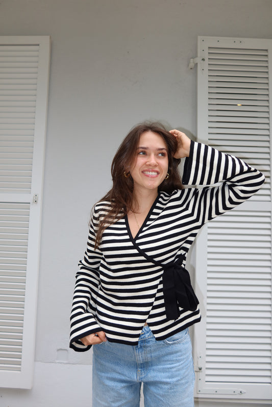 Wickel-Cardigan stripe bow black