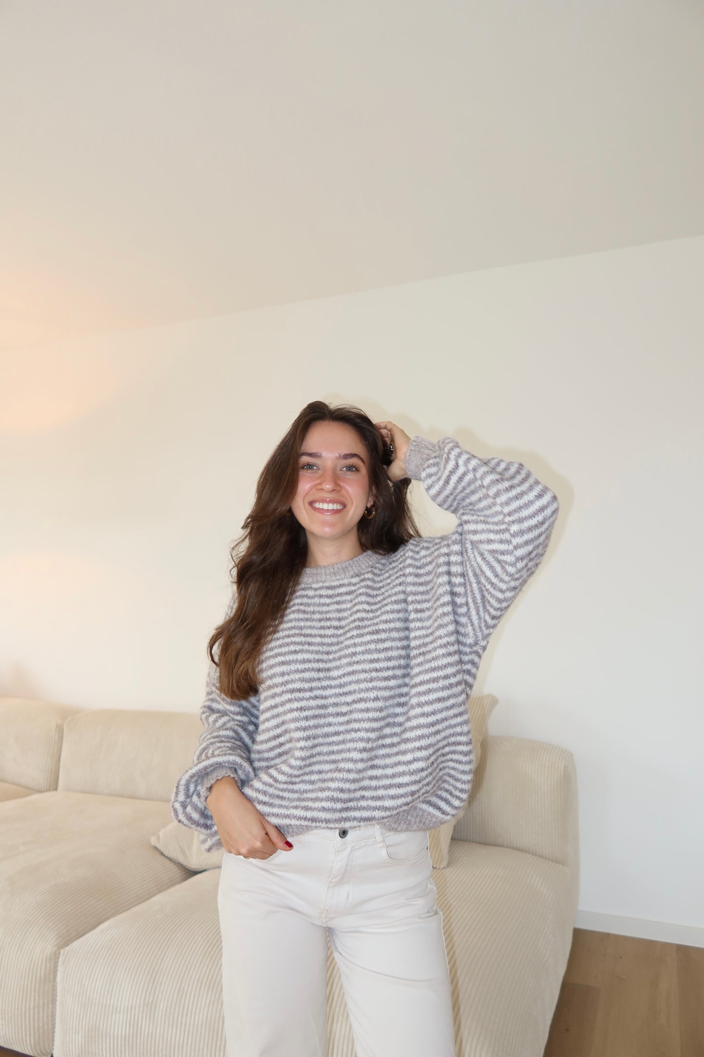 Stripe soft pullover powder • Braun/Taupe