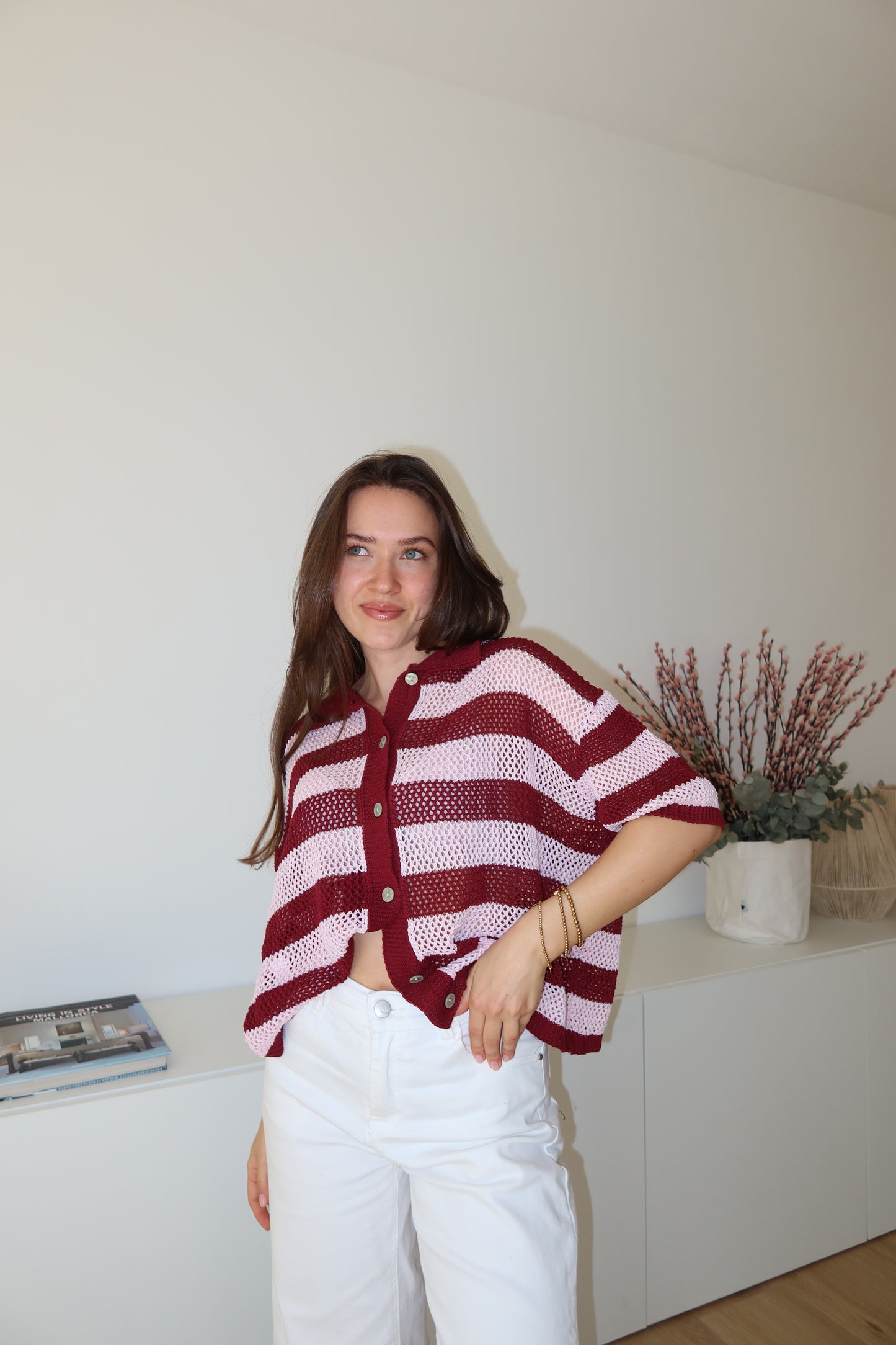 striped knit short-sleeve cardigan- Burgundy/Blossom