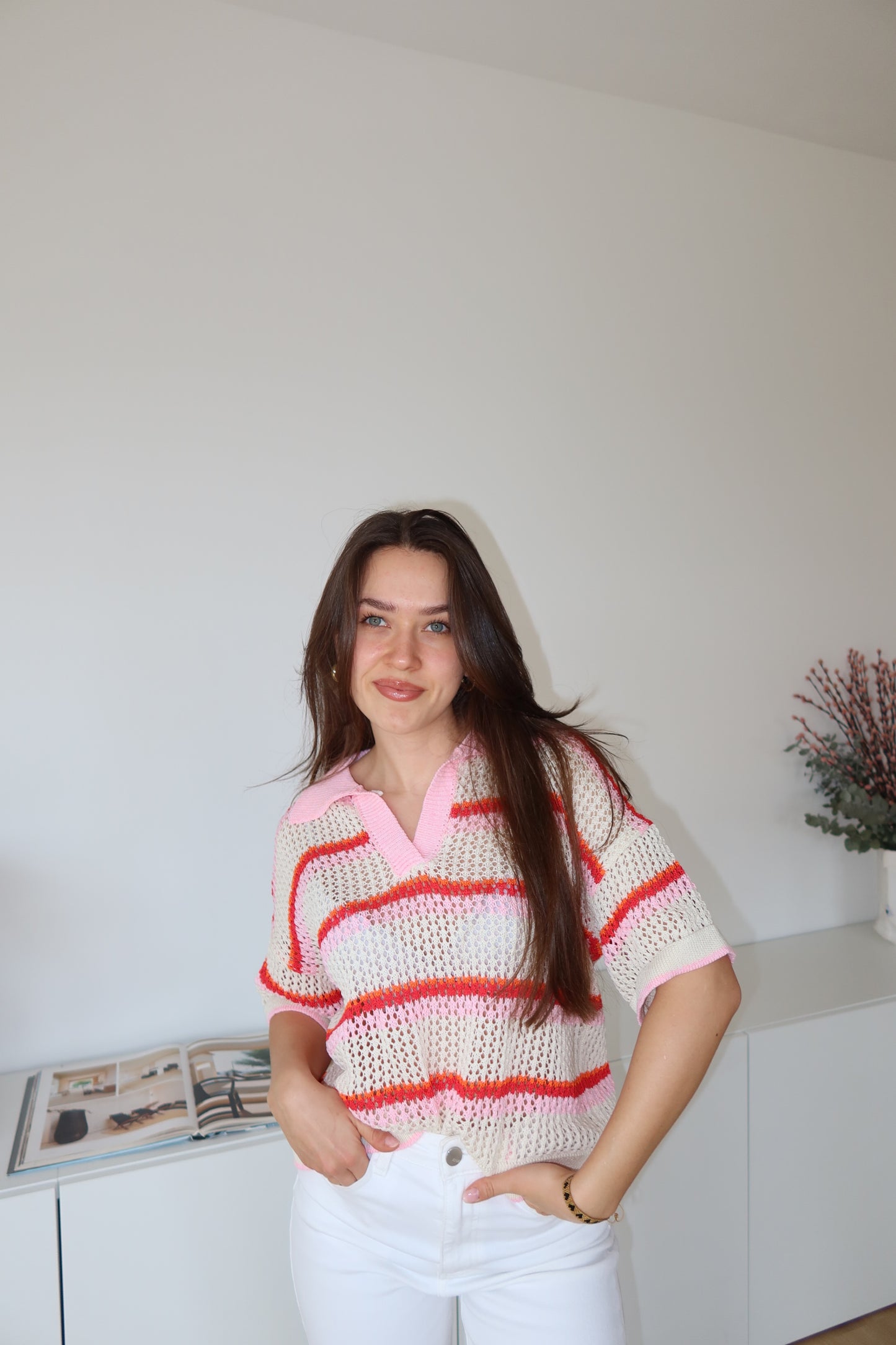 striped knit polo shirt - White