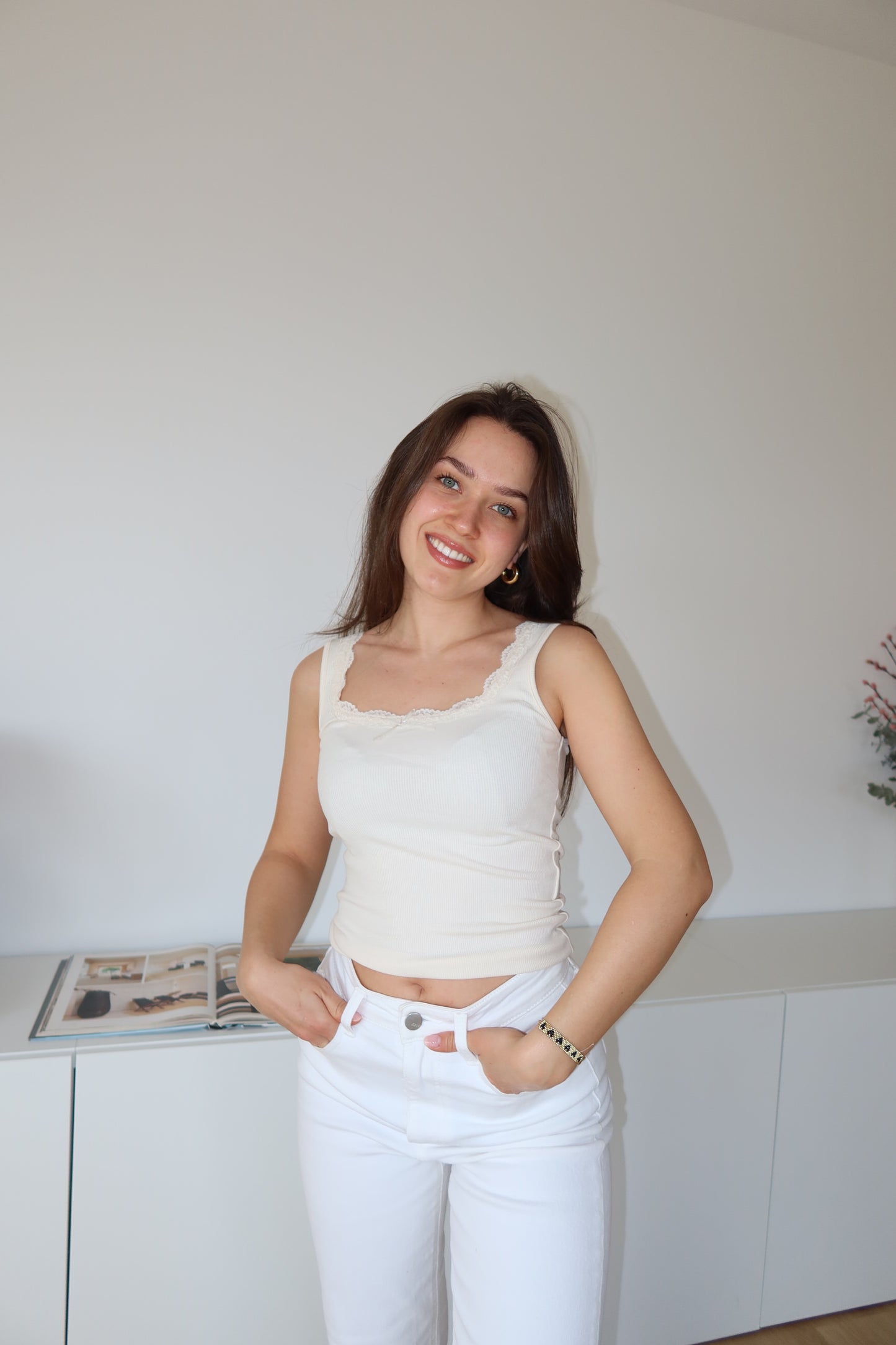 ribbed lace top Bow - Beige