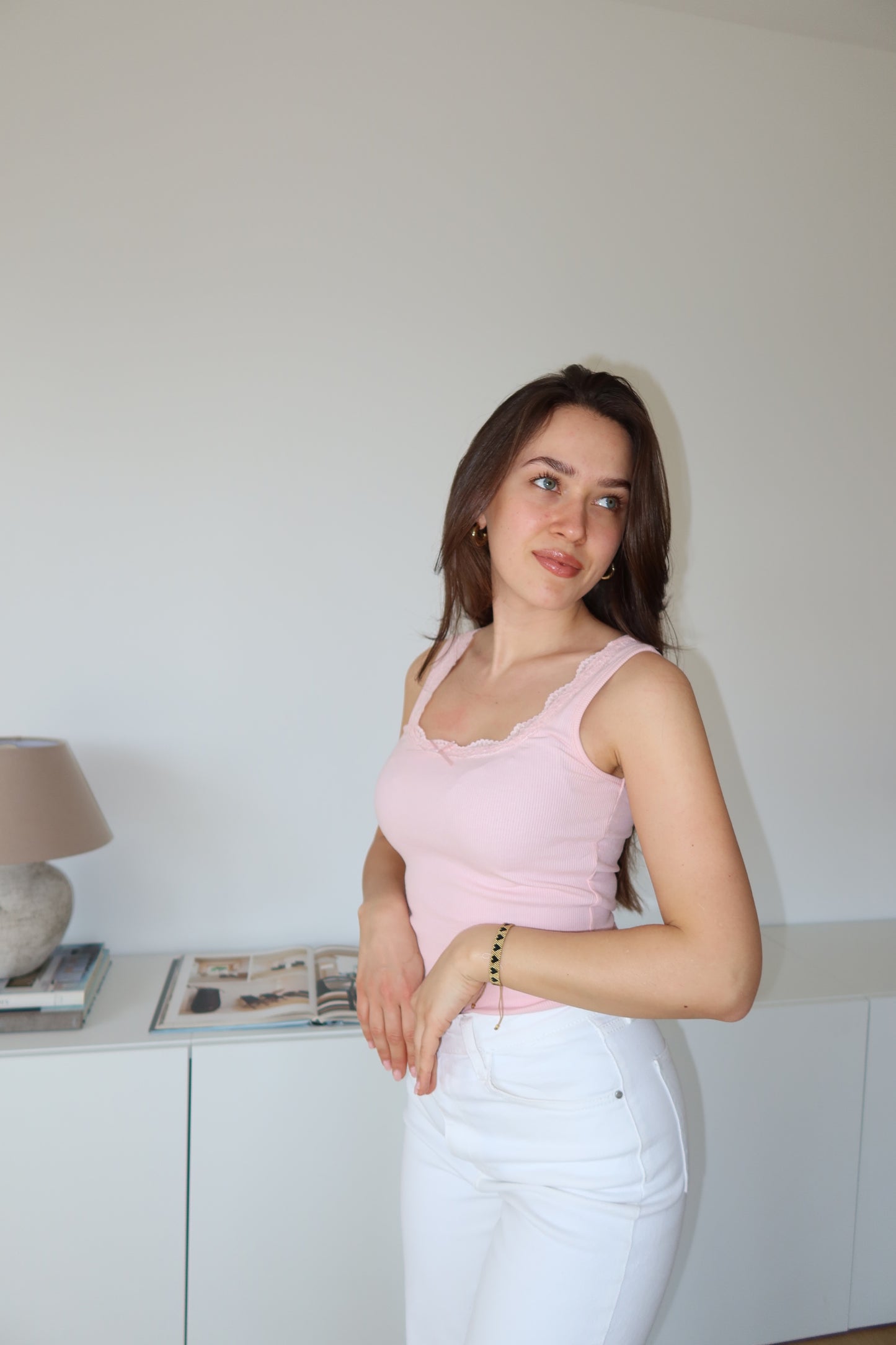 ribbed lace top Bow - Pink