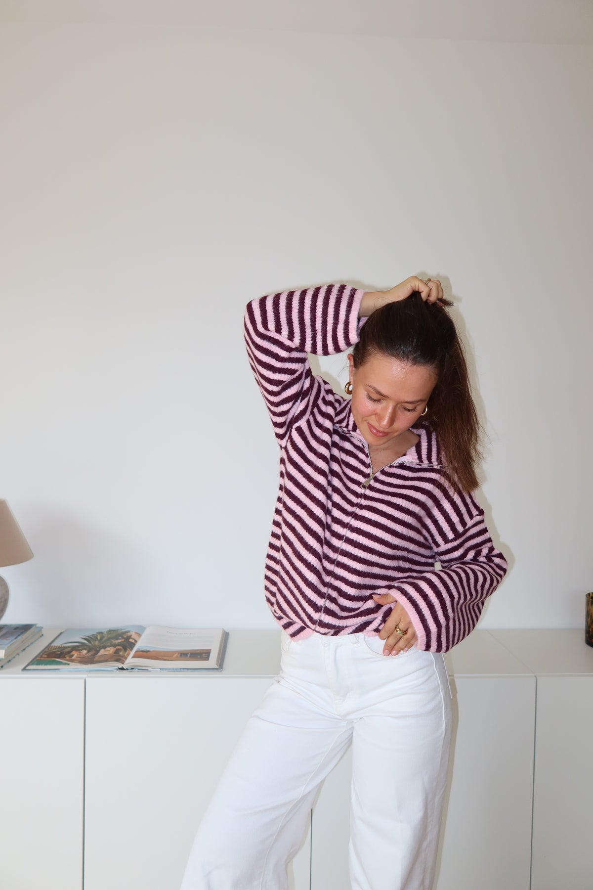 Zip-Cardigan Stripe• Pink/Wine