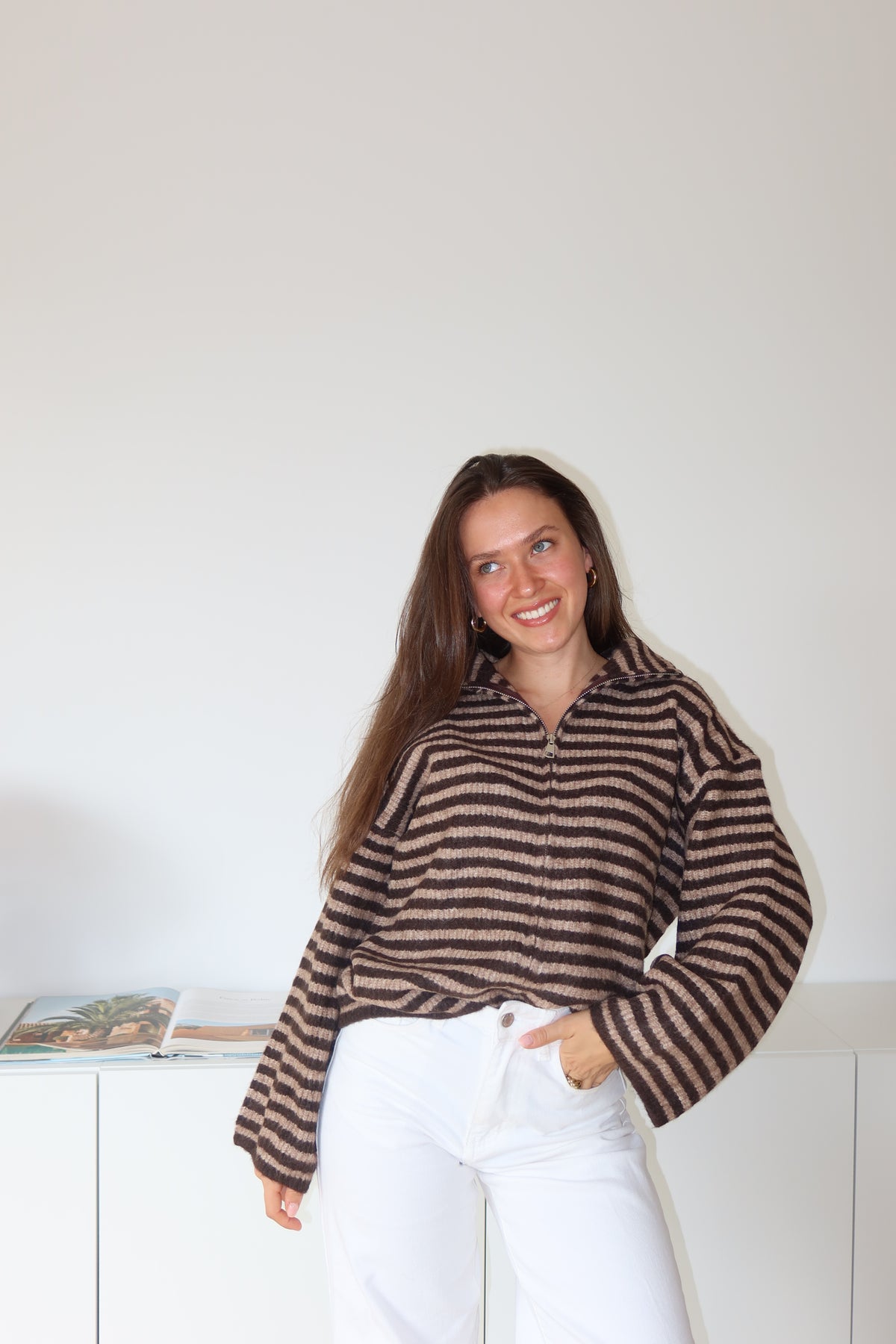Zip-Cardigan Stripe• Coffee/Taupe