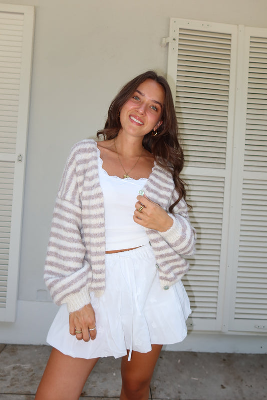 Cardigan Stripe • Weiß/Taupe