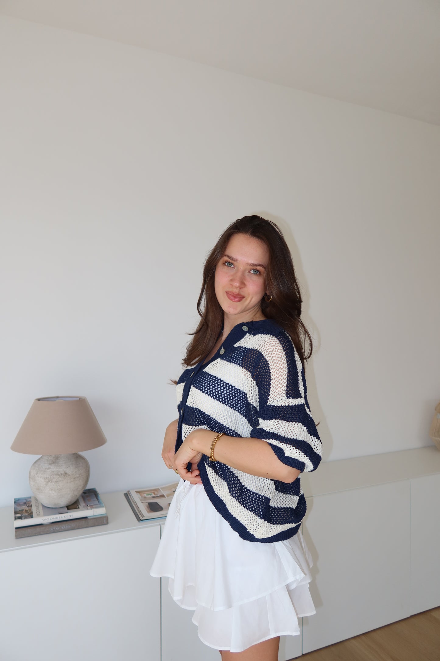 striped knit short-sleeve cardigan- Navy