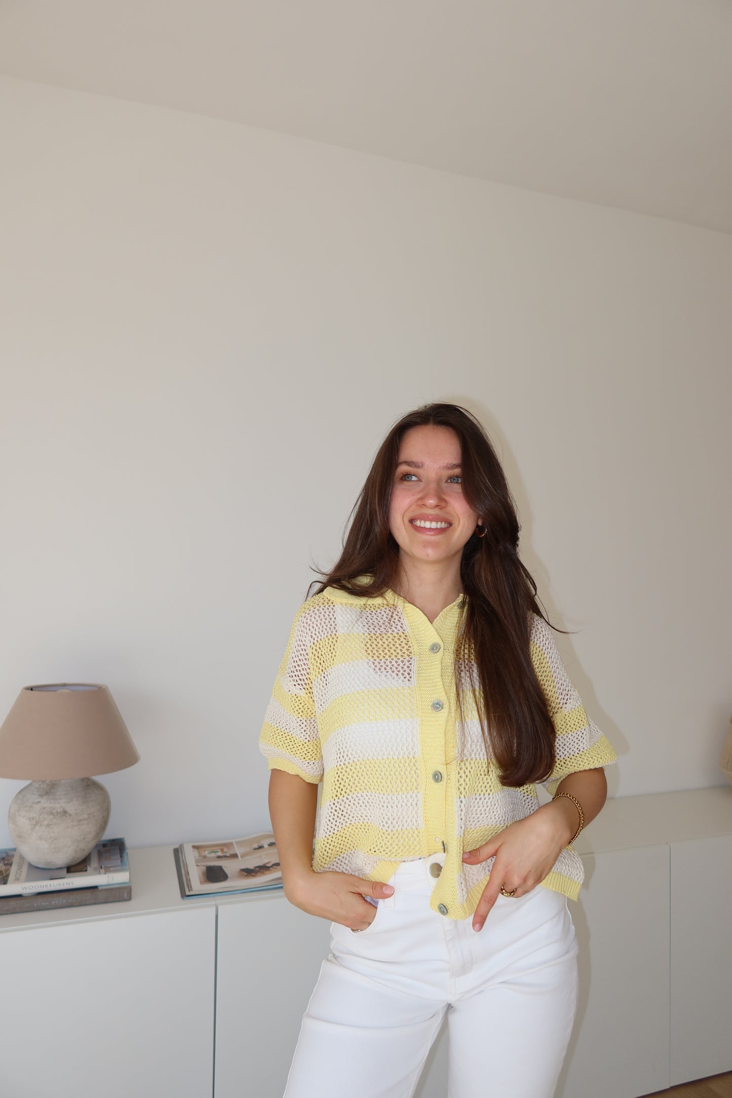 striped knit short-sleeve cardigan- Yellow