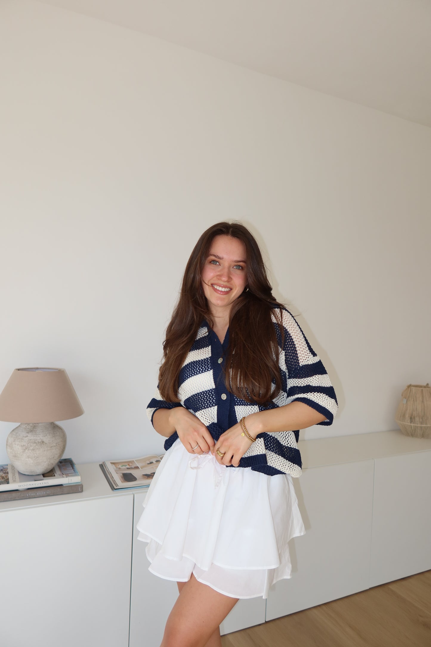 striped knit short-sleeve cardigan- Navy