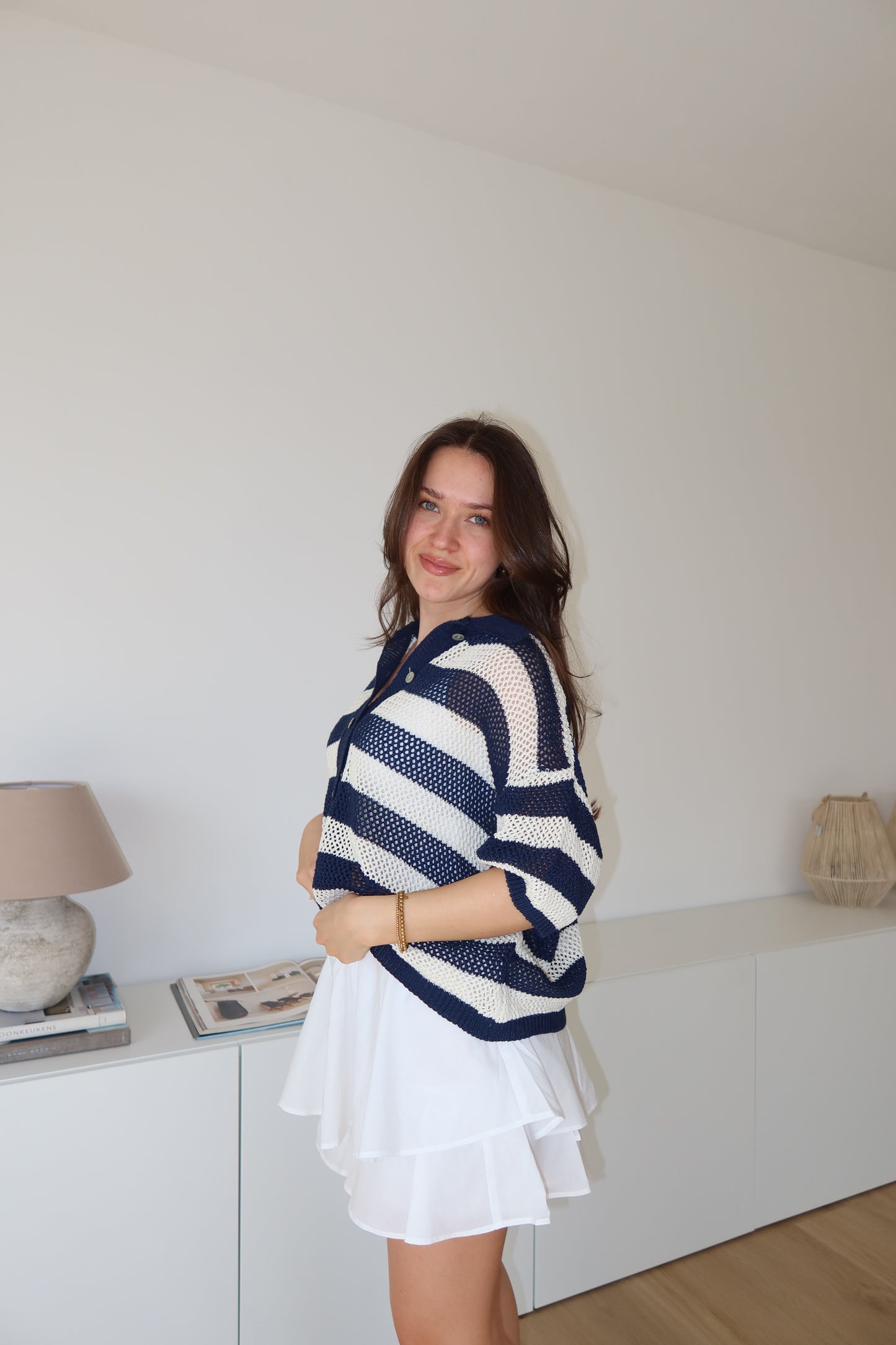 striped knit short-sleeve cardigan- Navy