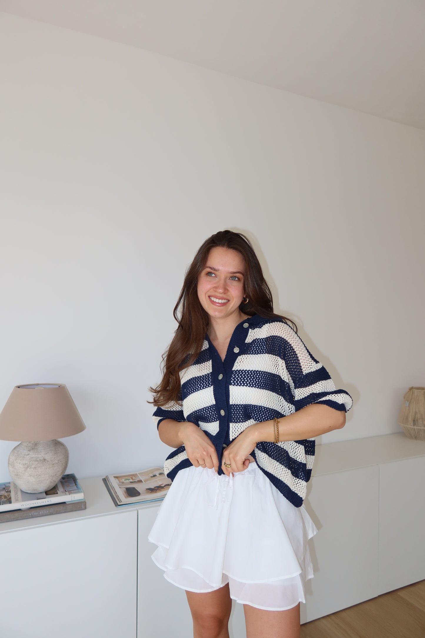 striped knit short-sleeve cardigan- Navy