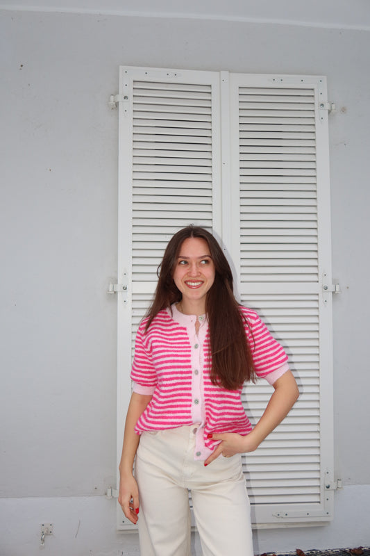 Short Cardigan Stripe • Pink