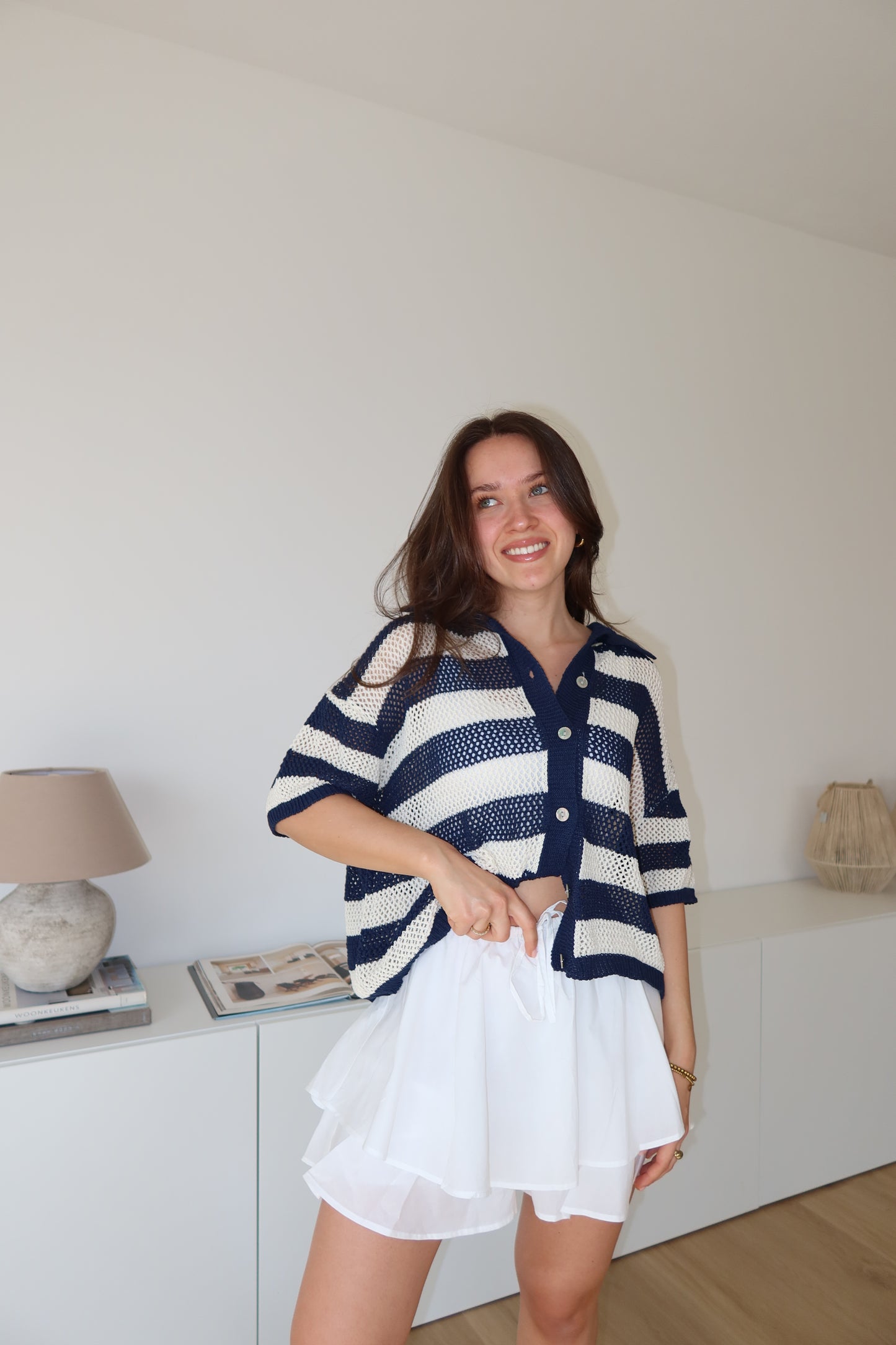 striped knit short-sleeve cardigan- Navy