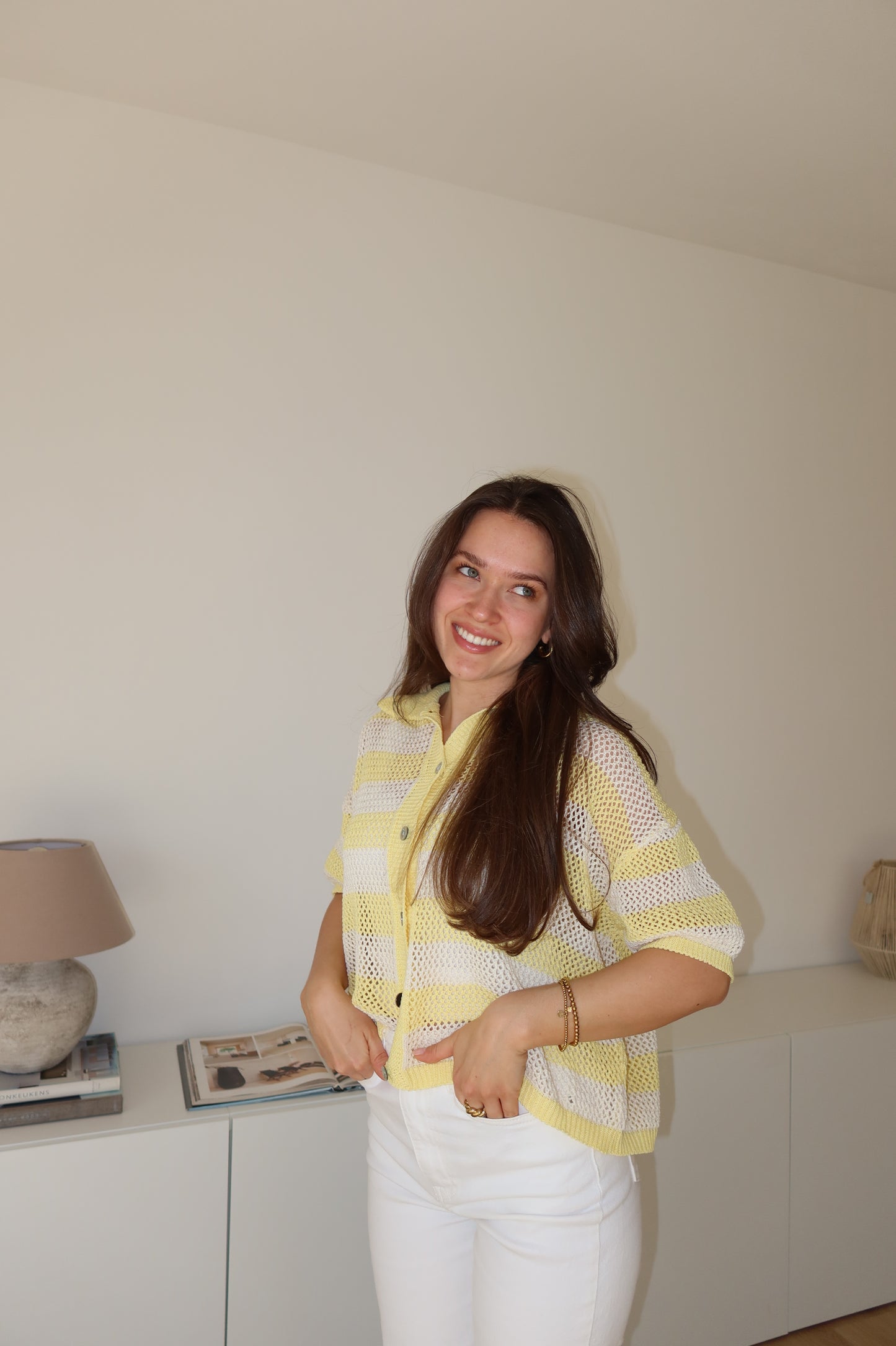 striped knit short-sleeve cardigan- Yellow