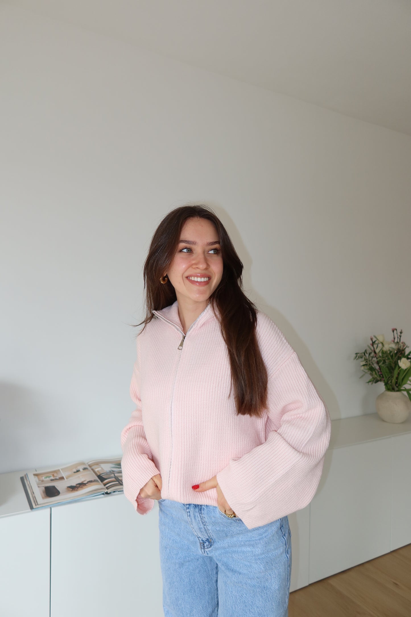 Zip Cardigan Ripp  - Rosa