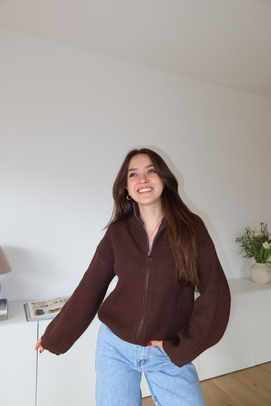 Zip Cardigan Ripp  - Brwon