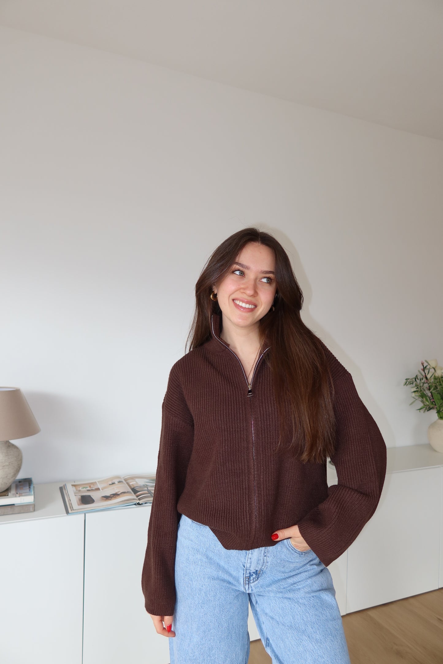 Zip Cardigan Ripp  - Brwon