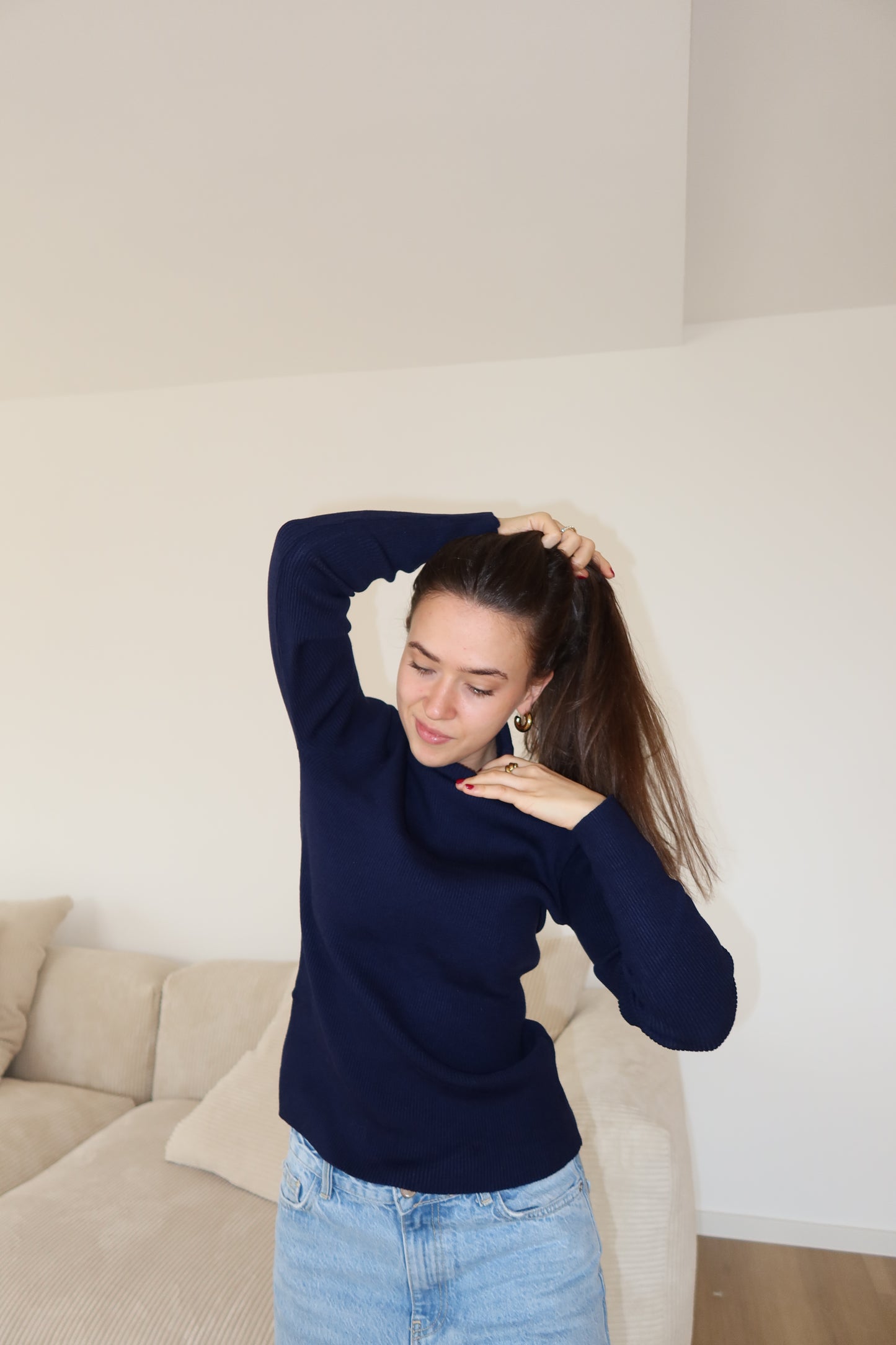 Ripp-Strick-Oberteil Brown Rollkragen