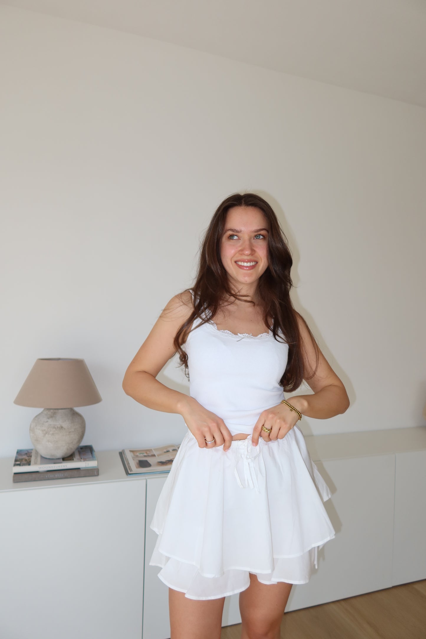 ribbed lace Top Bow - White