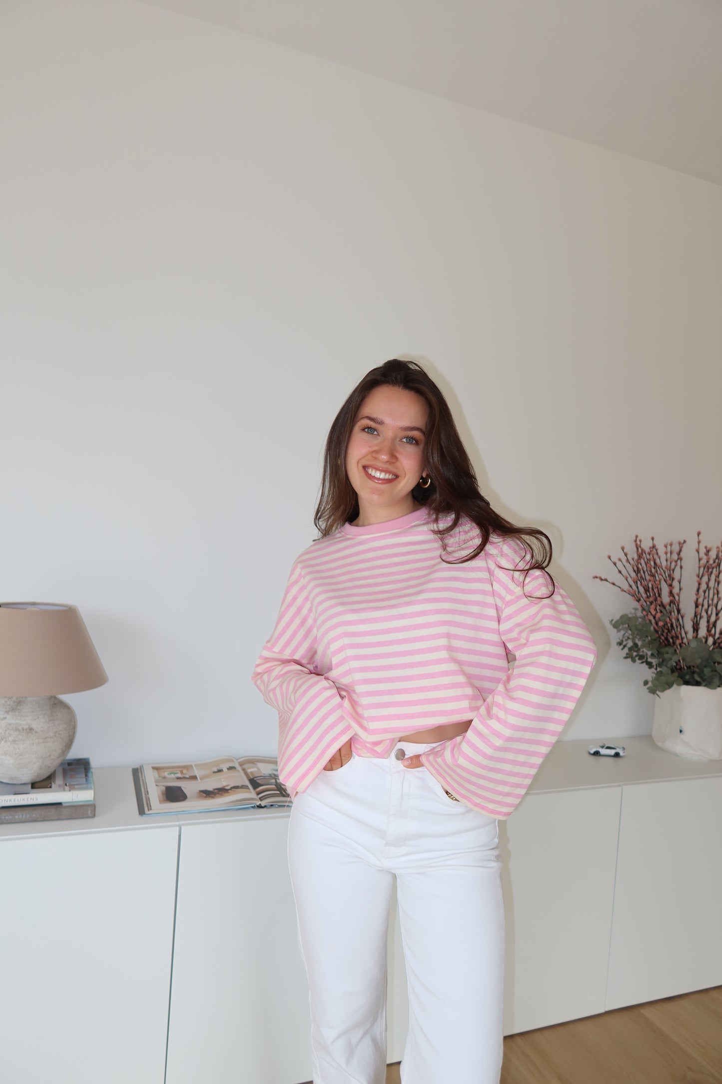 oversized striped long sleeve • Blossom/White