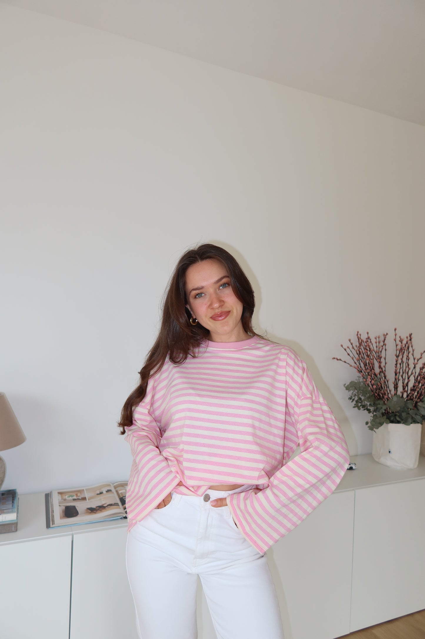 oversized striped long sleeve • Blossom/White