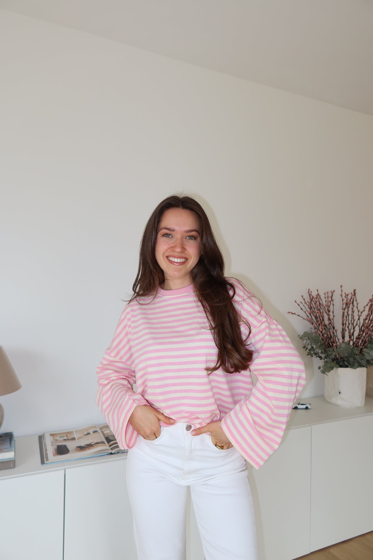 oversized striped long sleeve • Blossom/White