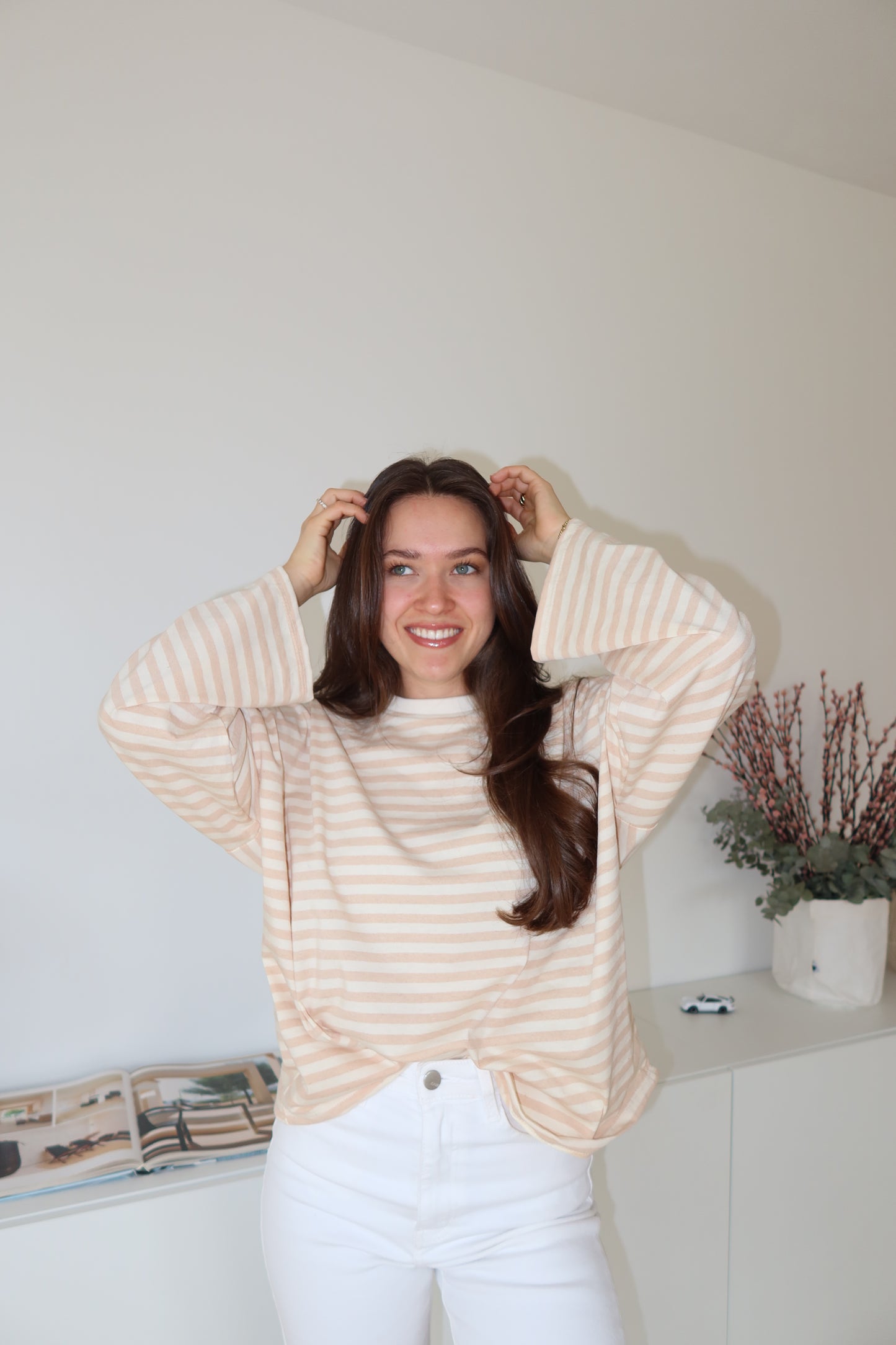 oversized striped long sleeve • Beige