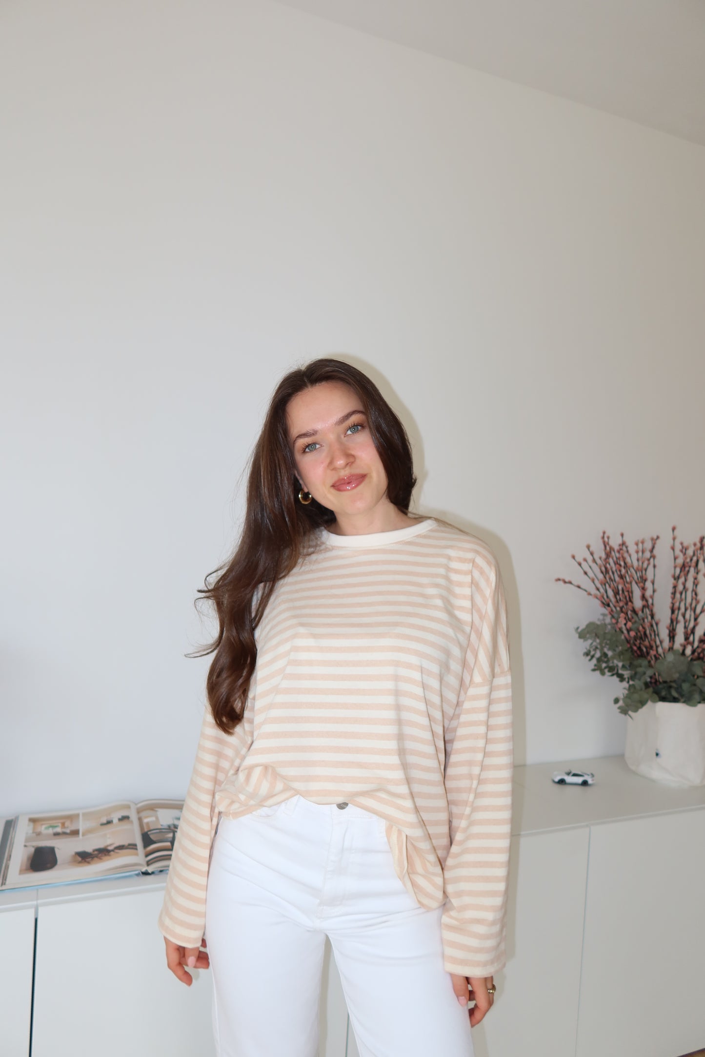 oversized striped long sleeve • Beige