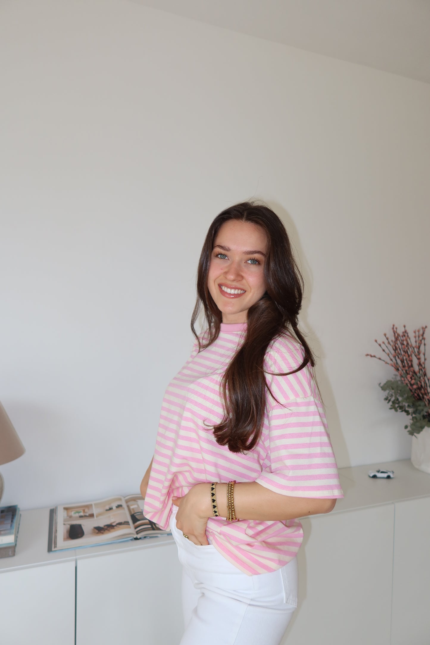 striped oversized t-shirt • Blossom/White