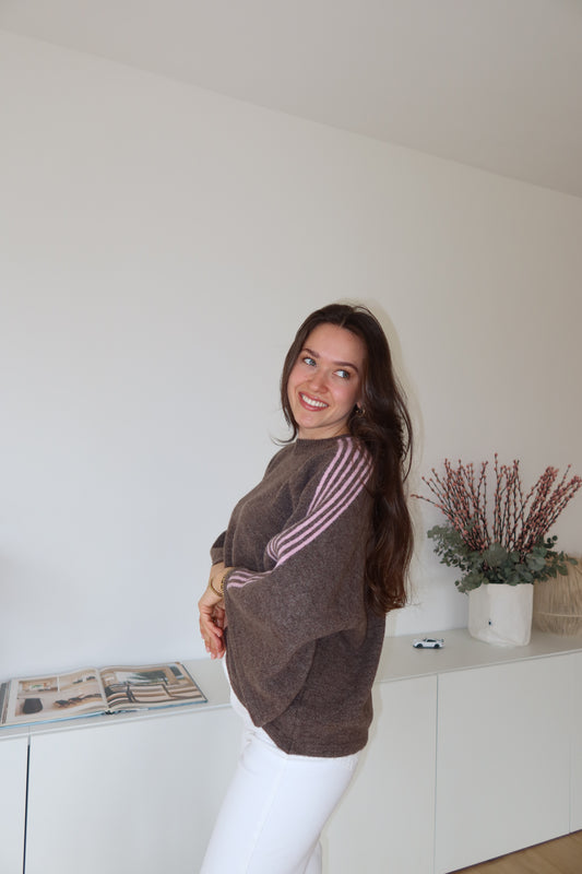 Short Pullover arm stripe- Braun/Rosa