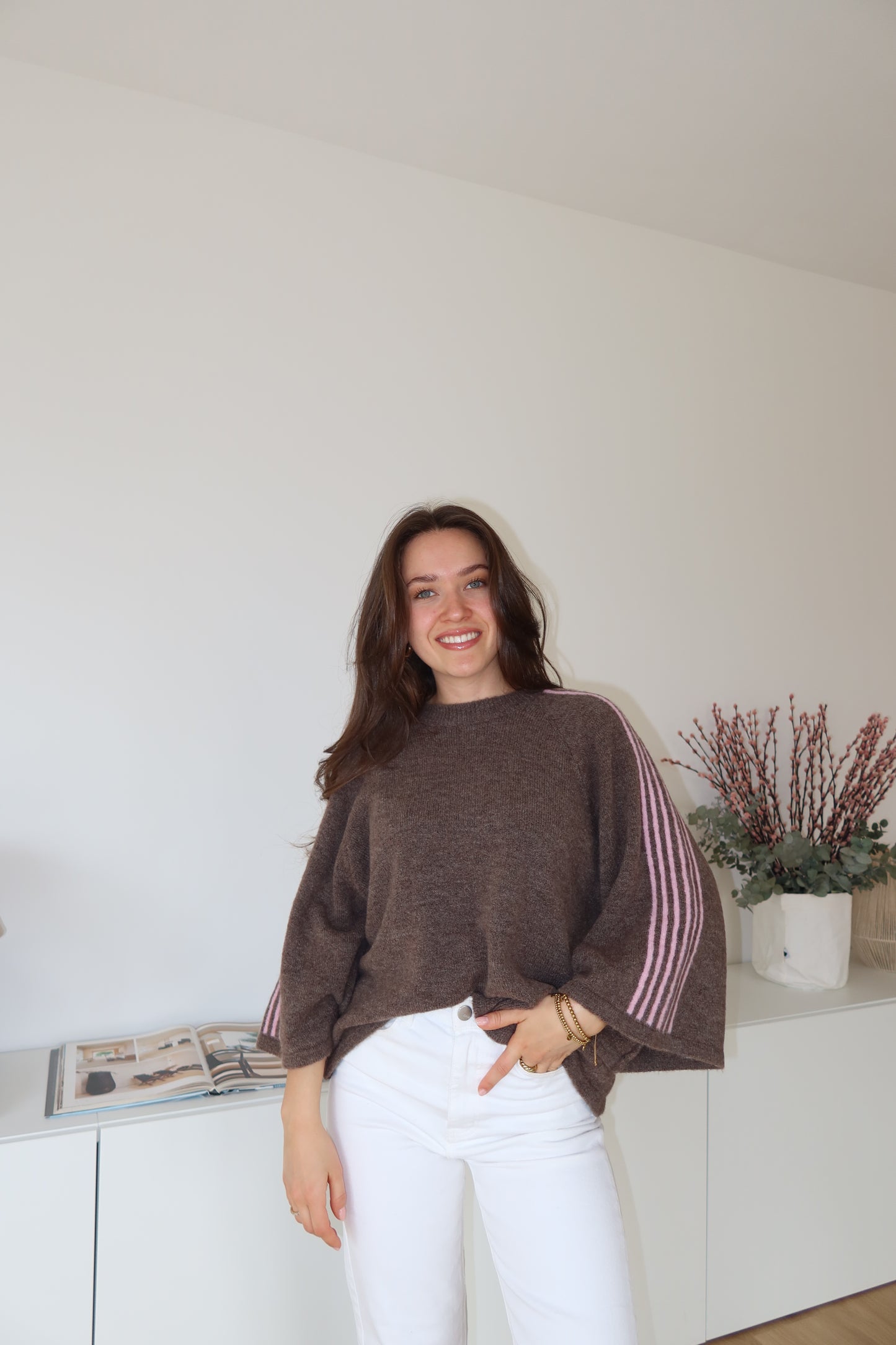 Short Pullover arm stripe- Braun/Rosa