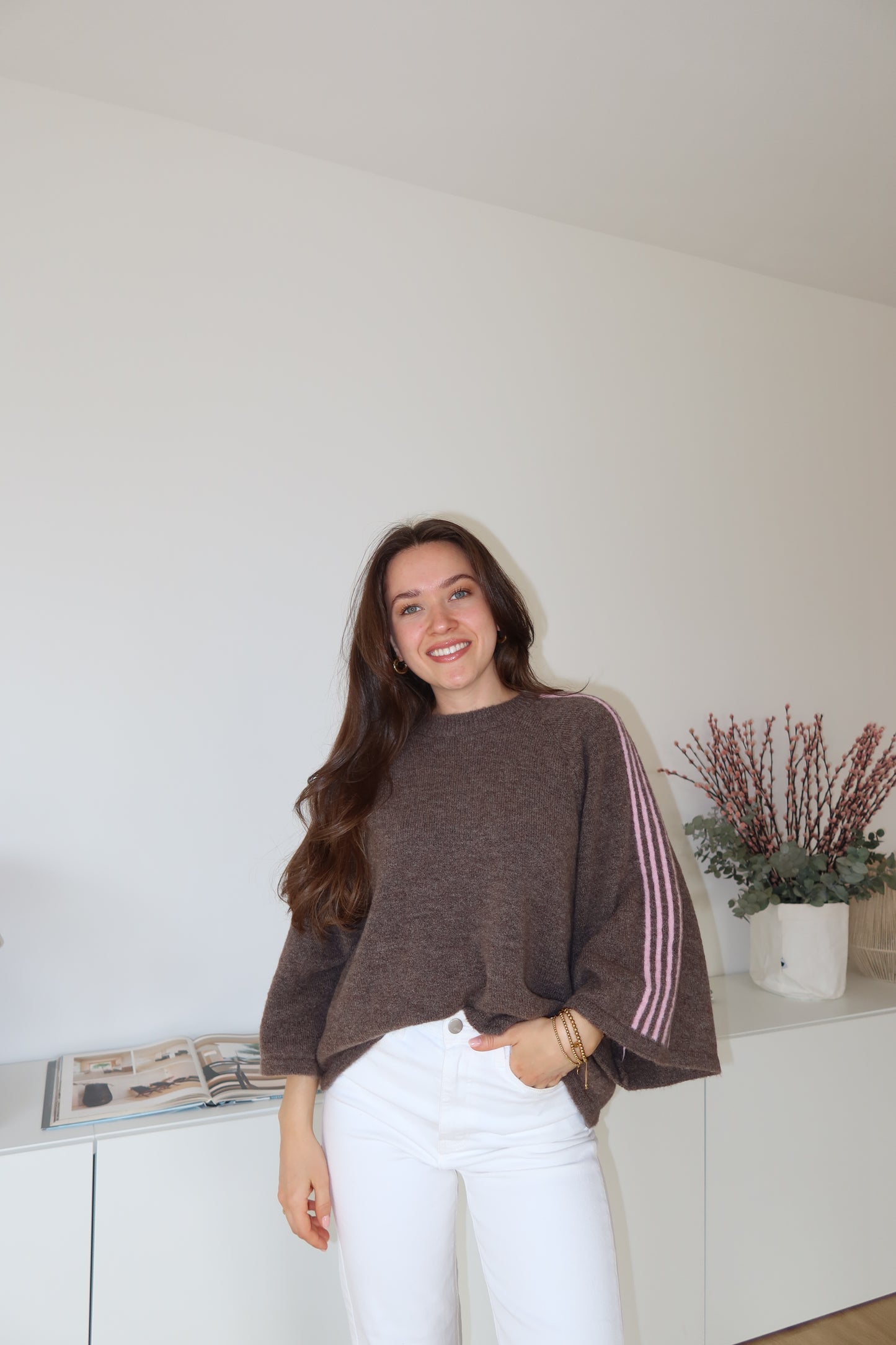 Short Pullover arm stripe- Braun/Rosa