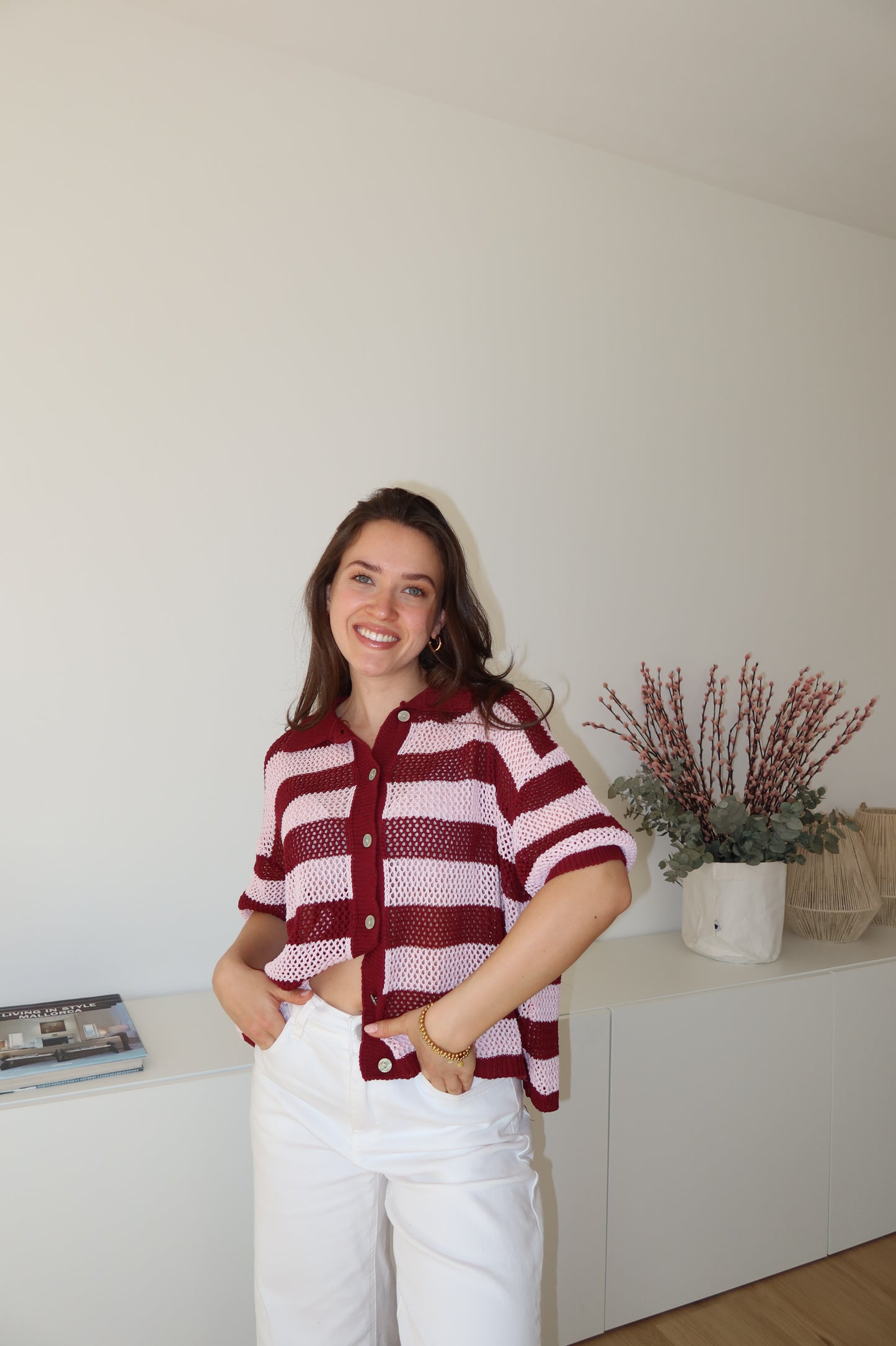 striped knit short-sleeve cardigan- Burgundy/Blossom
