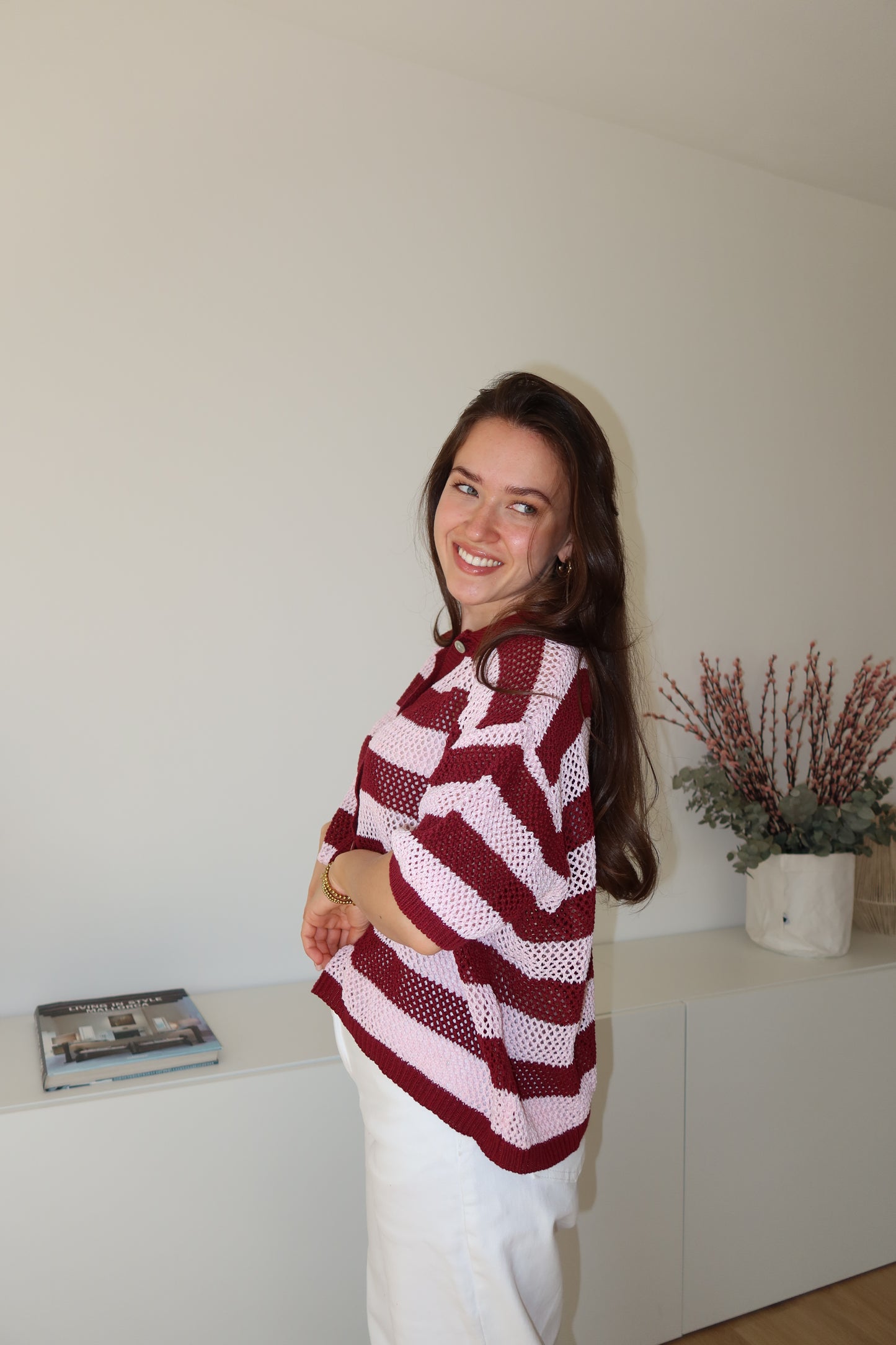 striped knit short-sleeve cardigan- Burgundy/Blossom