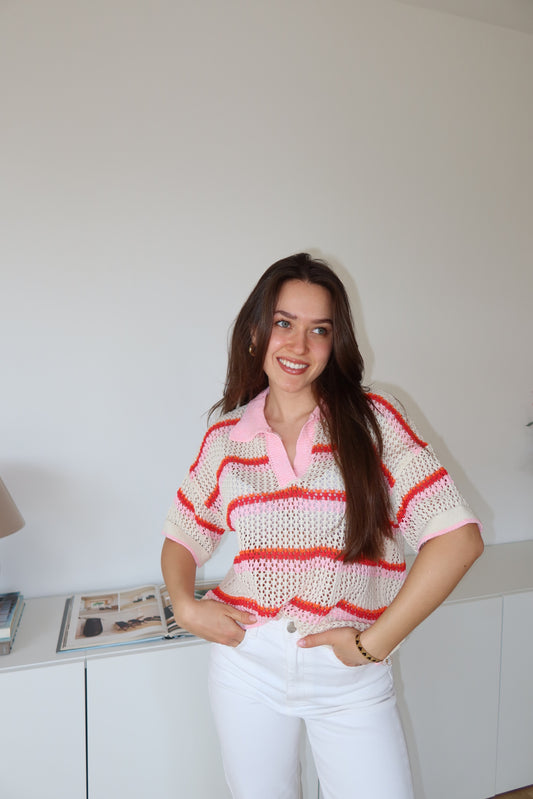 striped knit polo shirt - White