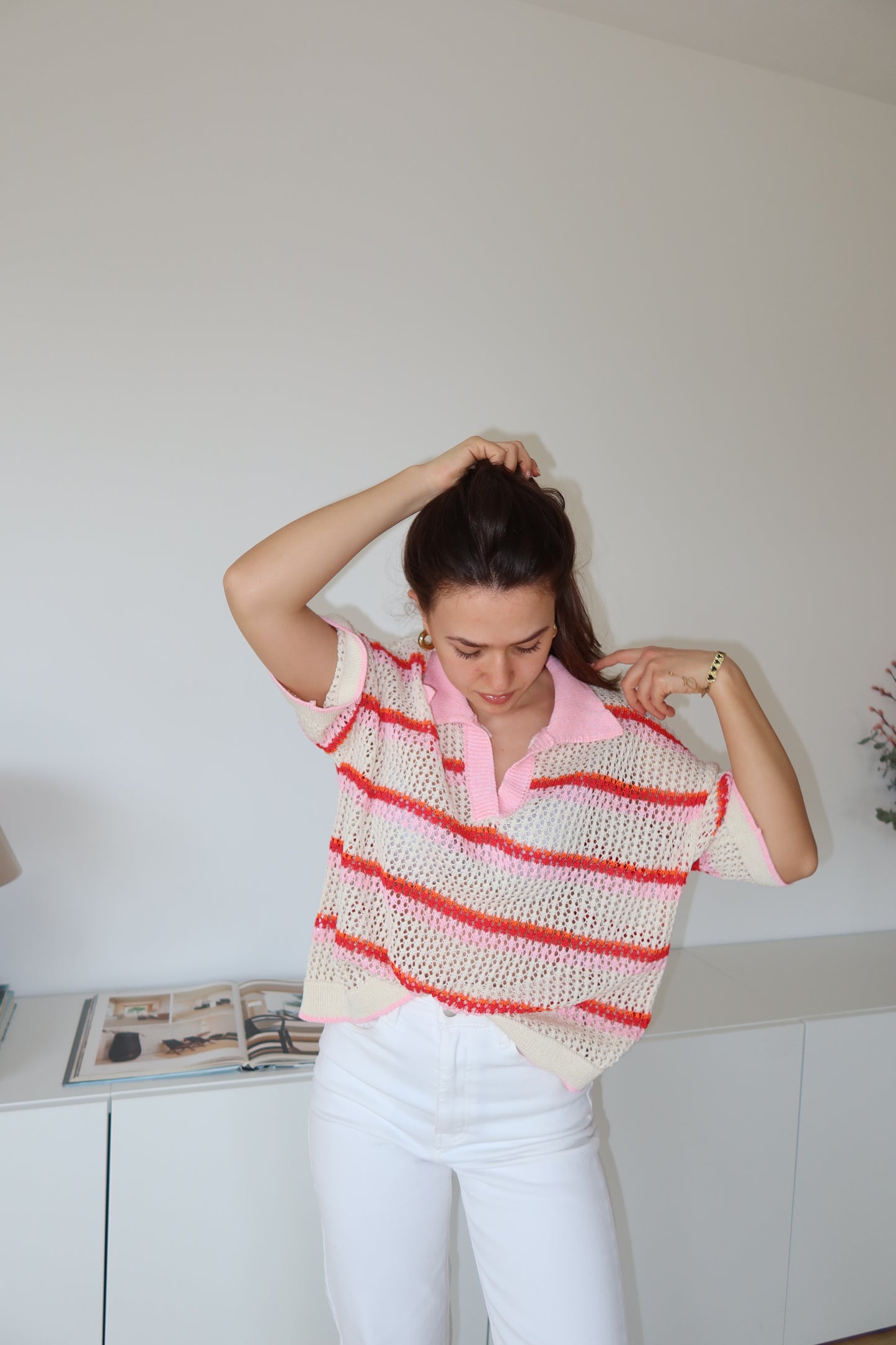 striped knit polo shirt - White