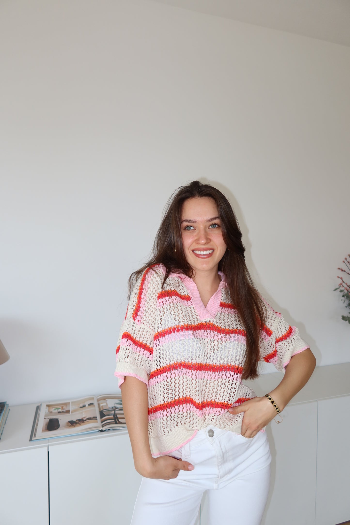 striped knit polo shirt - White