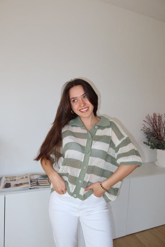 striped knit short-sleeve cardigan- Khaki