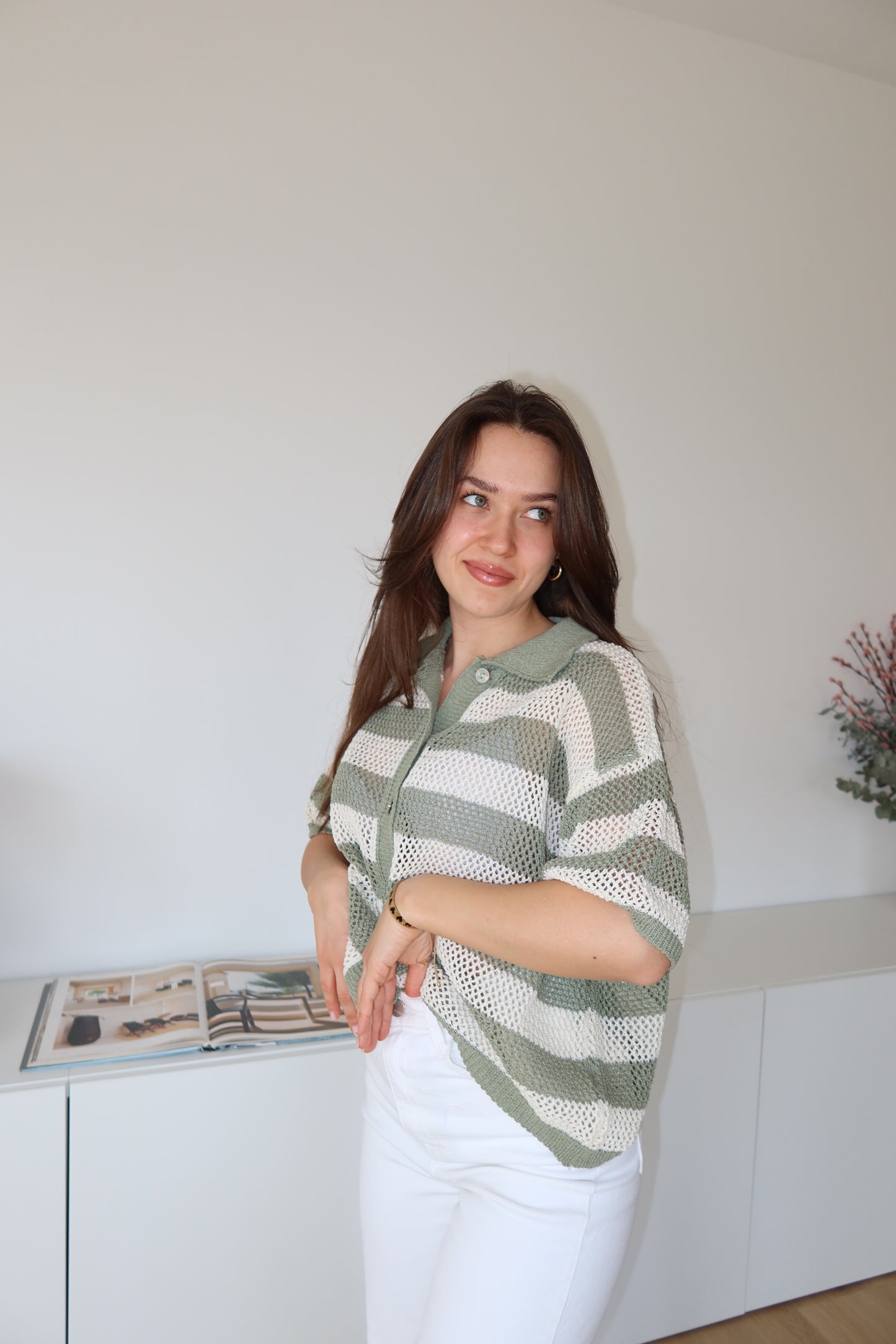 striped knit short-sleeve cardigan- Khaki