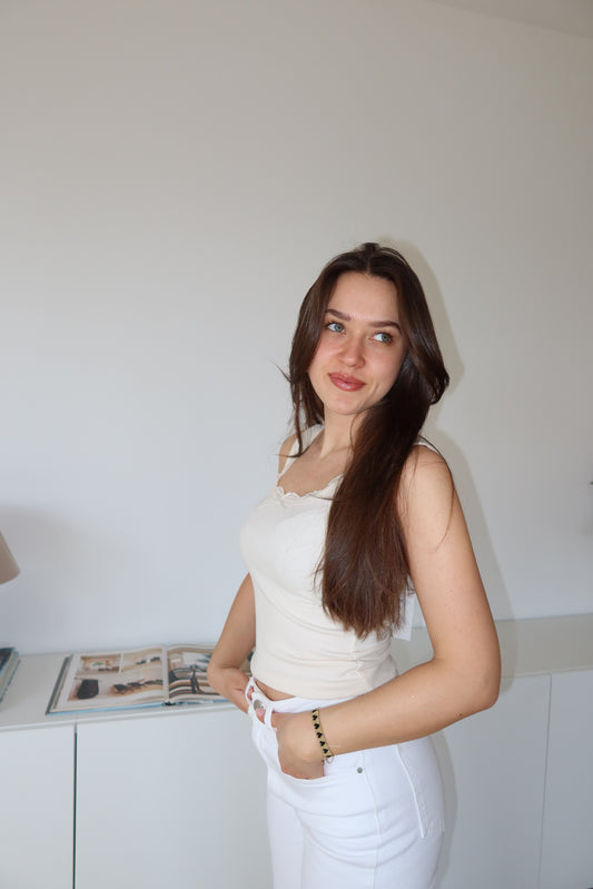 ribbed lace top Bow - Beige