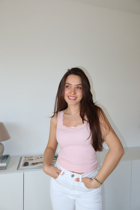 ribbed lace top Bow - Pink