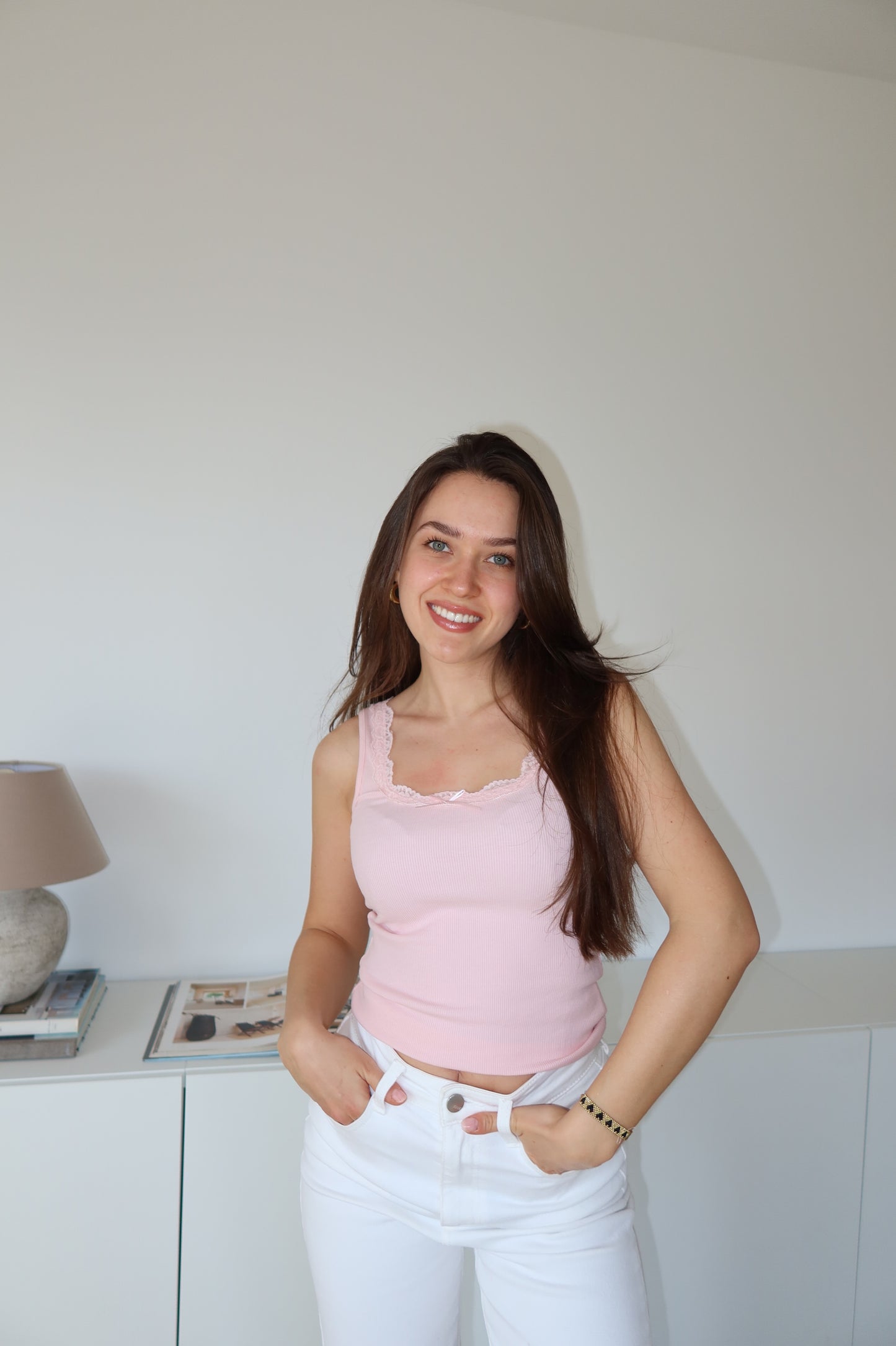 ribbed lace top Bow - Pink