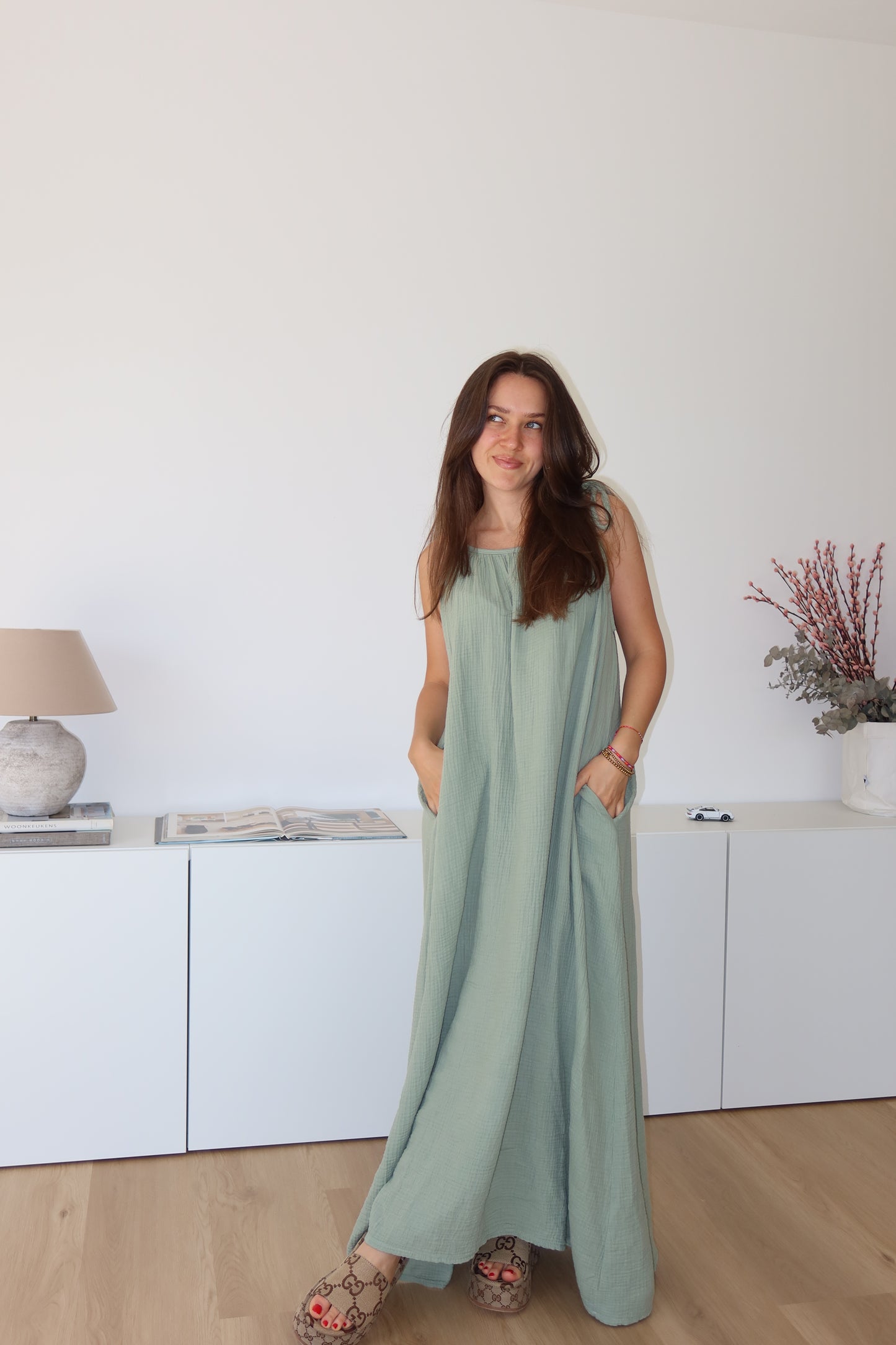 Musselin Maxikleid - Khaki
