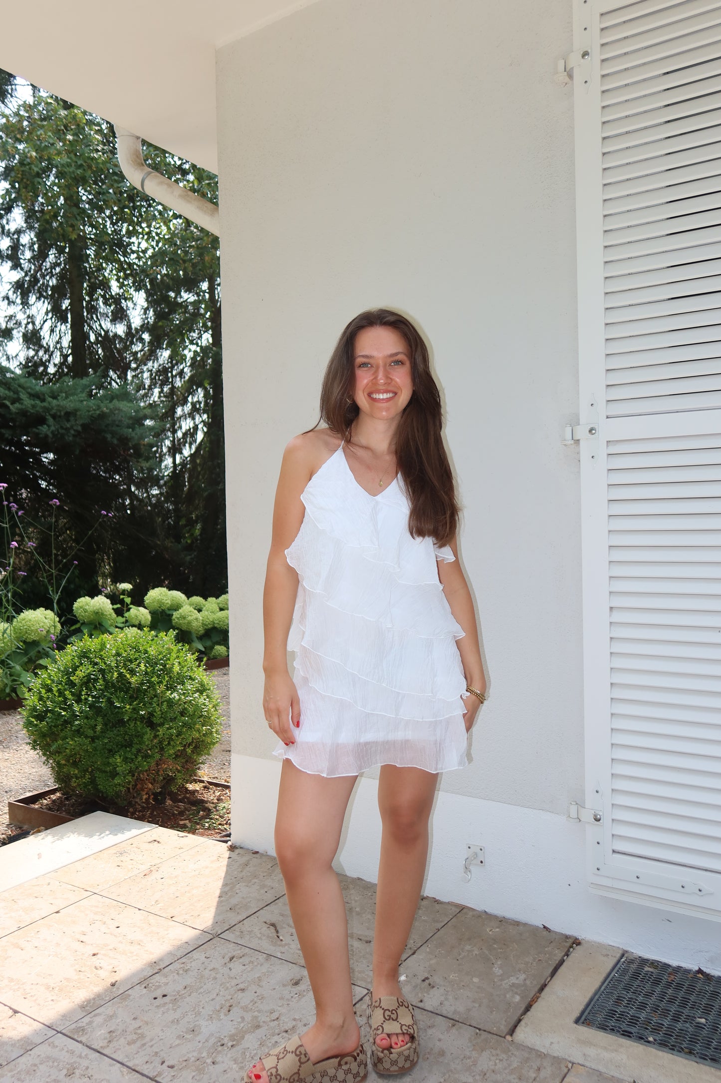 Minikleid Volant mit Spaghettiträgern - white