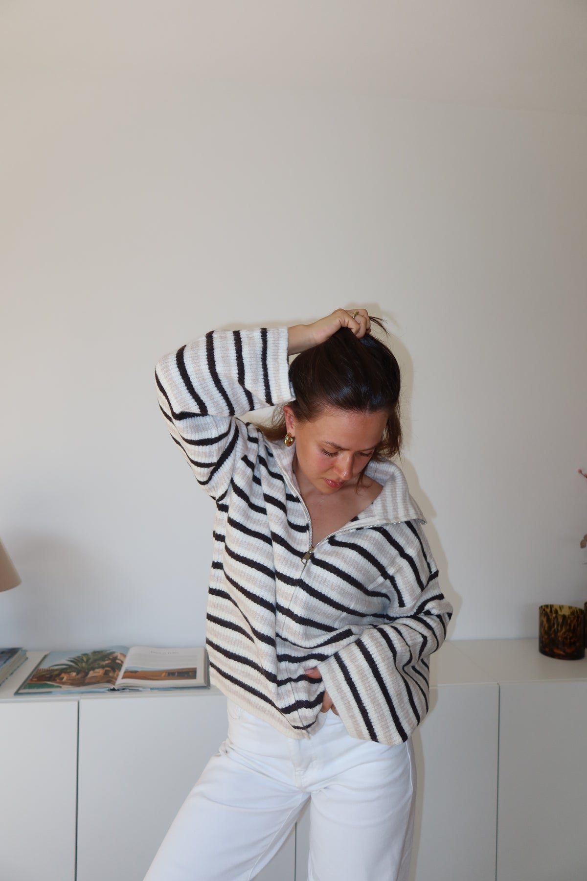 Zip-Cardigan Stripe• Beige/Black
