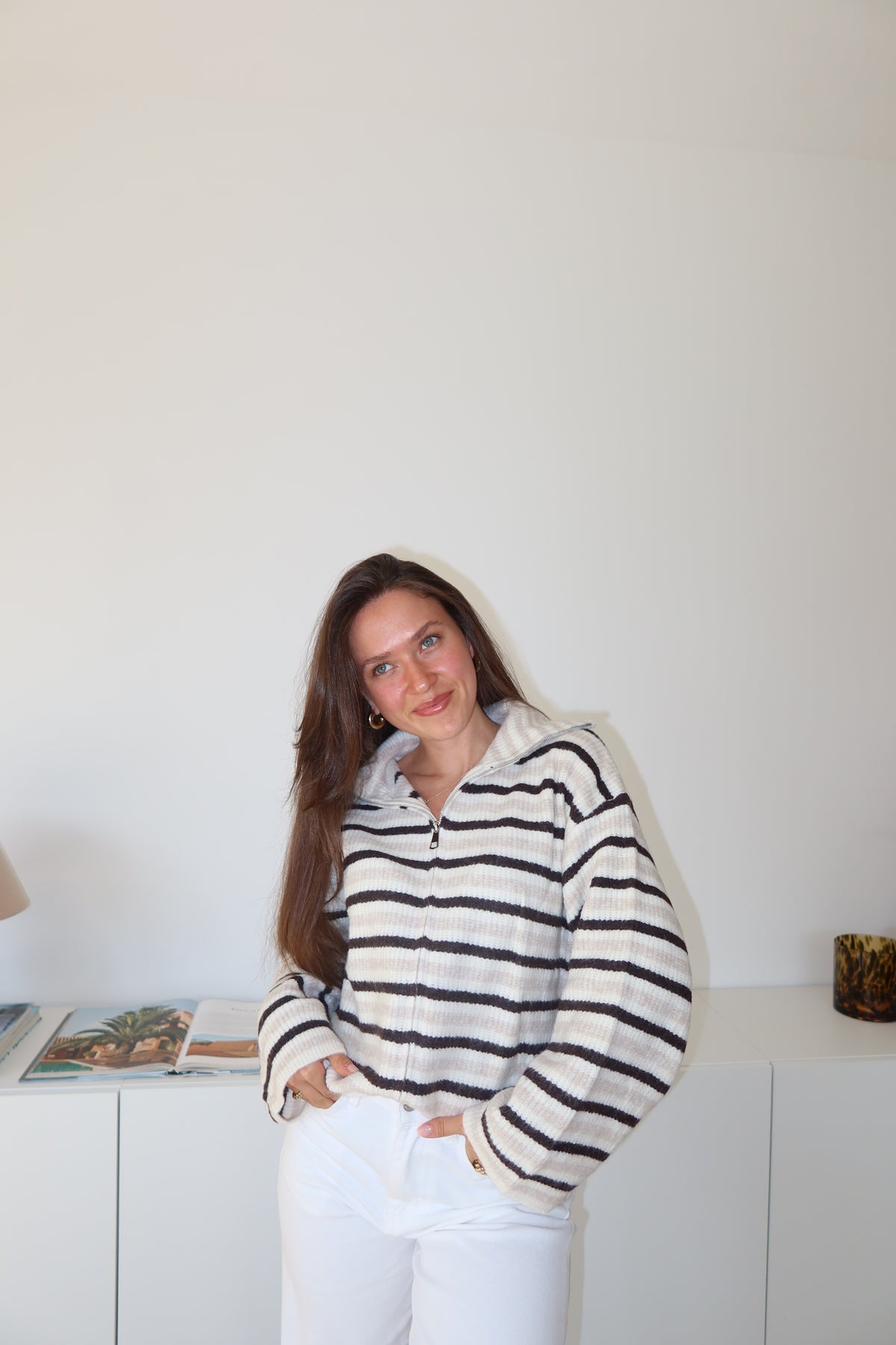 Zip-Cardigan Stripe• Beige/Black