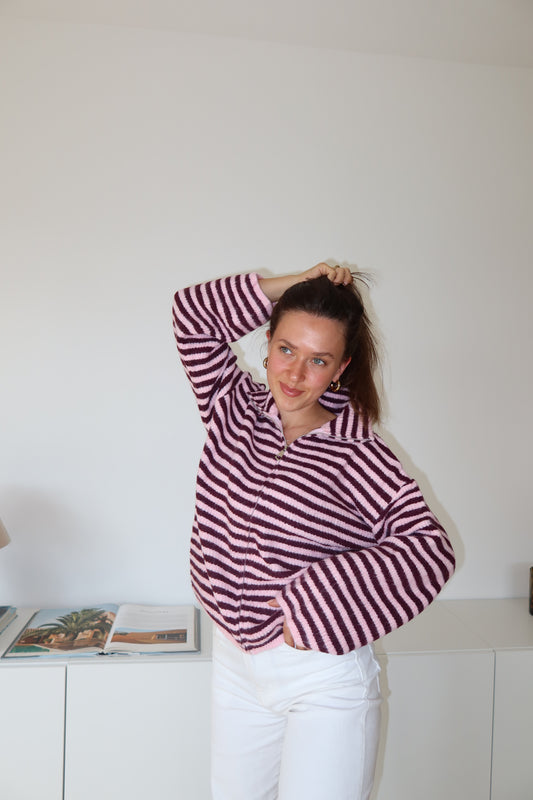 Zip-Cardigan Stripe• Pink/Wine