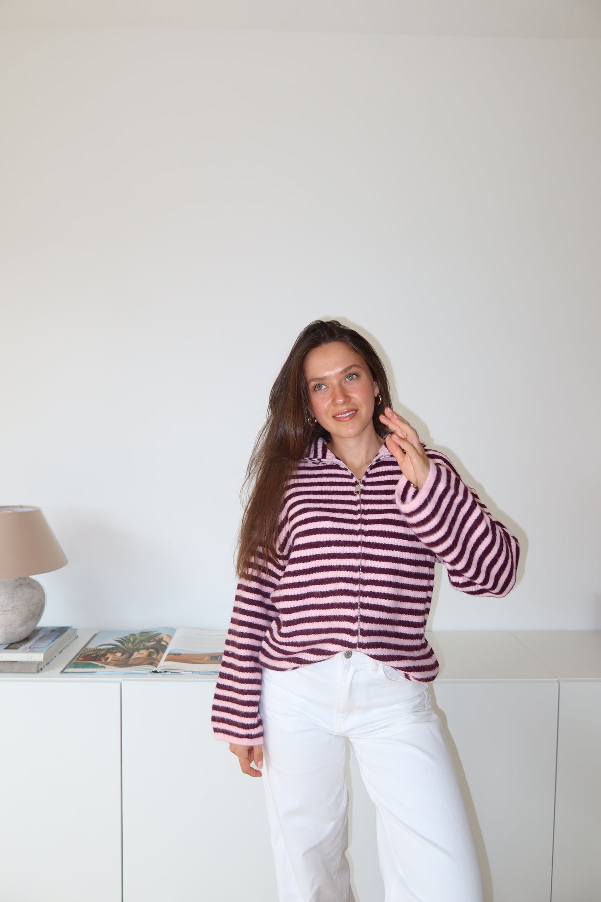 Zip-Cardigan Stripe• Pink/Wine