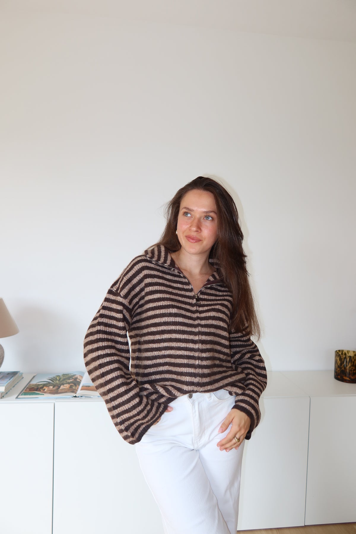 Zip-Cardigan Stripe• Coffee/Taupe