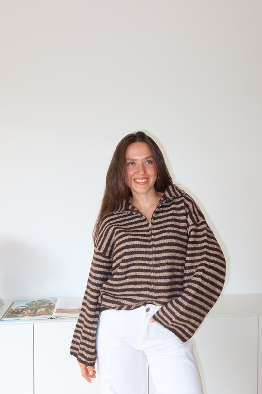 Zip-Cardigan Stripe• Coffee/Taupe