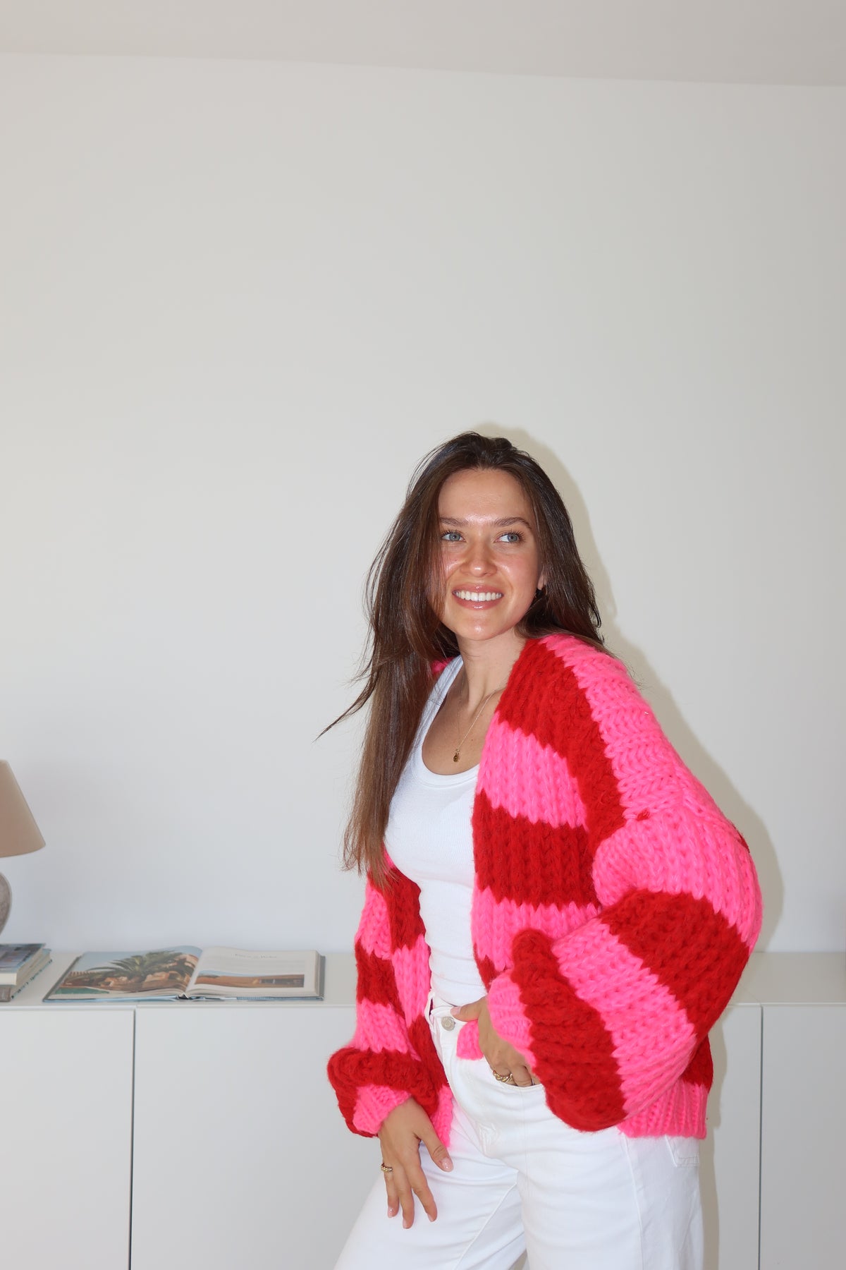 Cardigan Stripe Grobstrick - Pink/Red